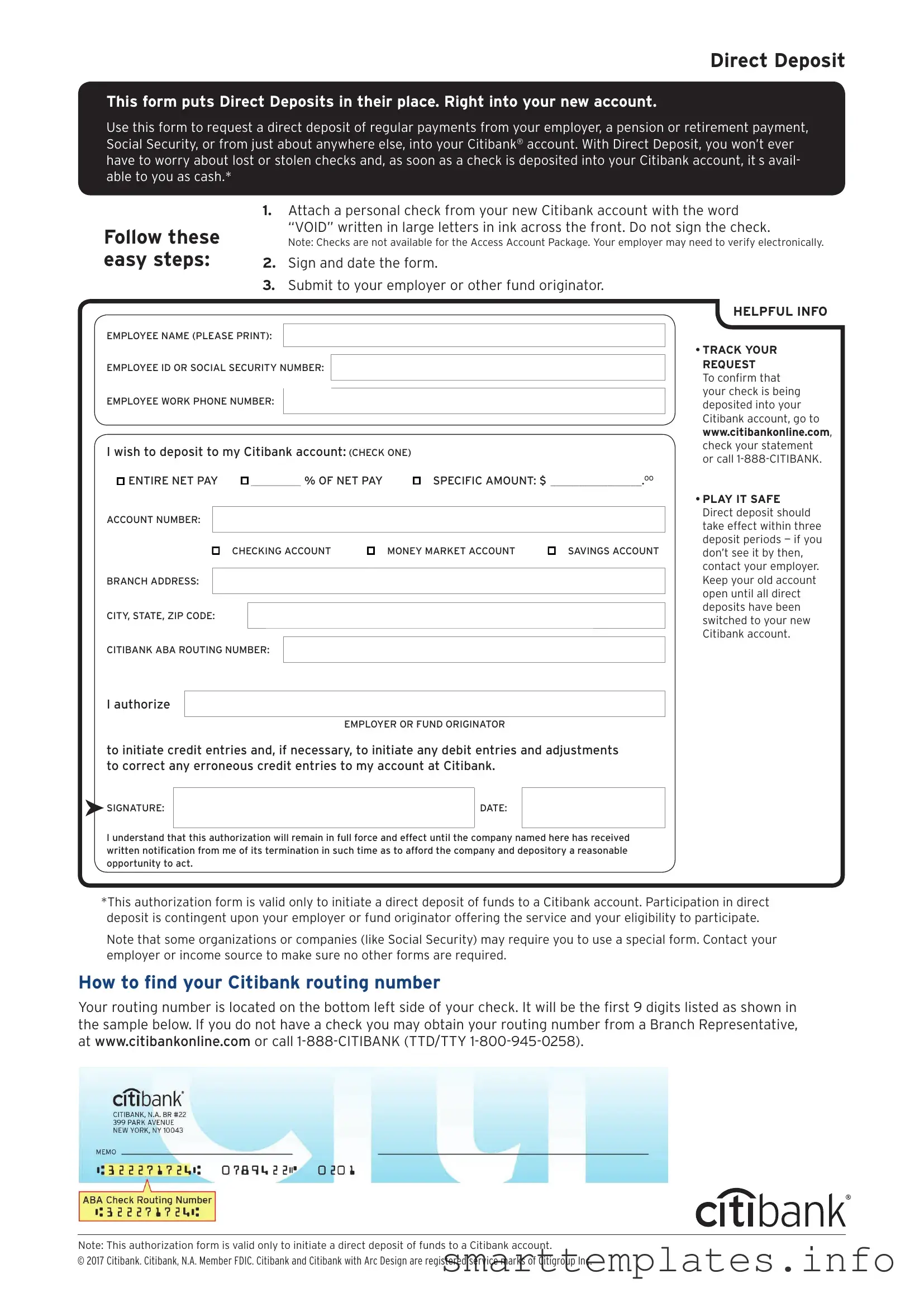 Fill in a Valid Citibank Direct Deposit Form