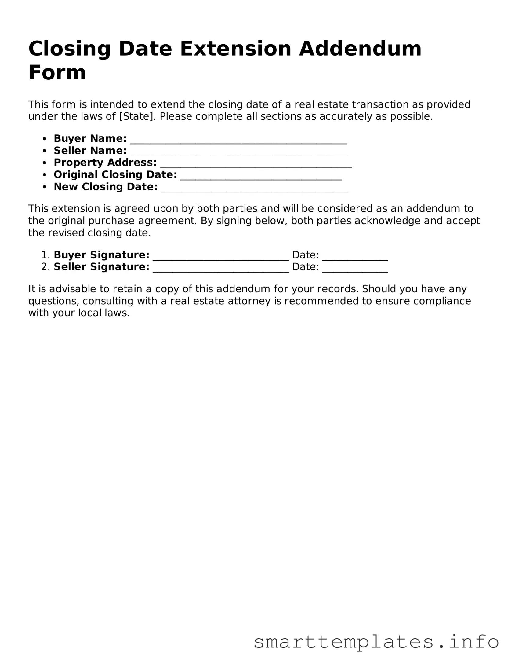 Attorney-Approved Closing Date Extension Addendum Form Template