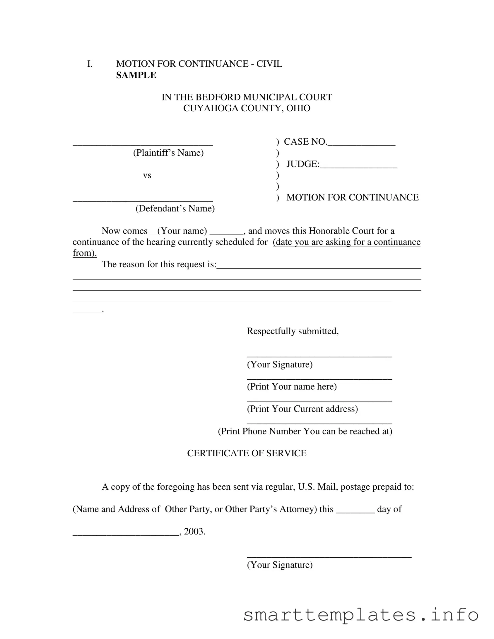 Fill in a Valid Motion For Continuance Form