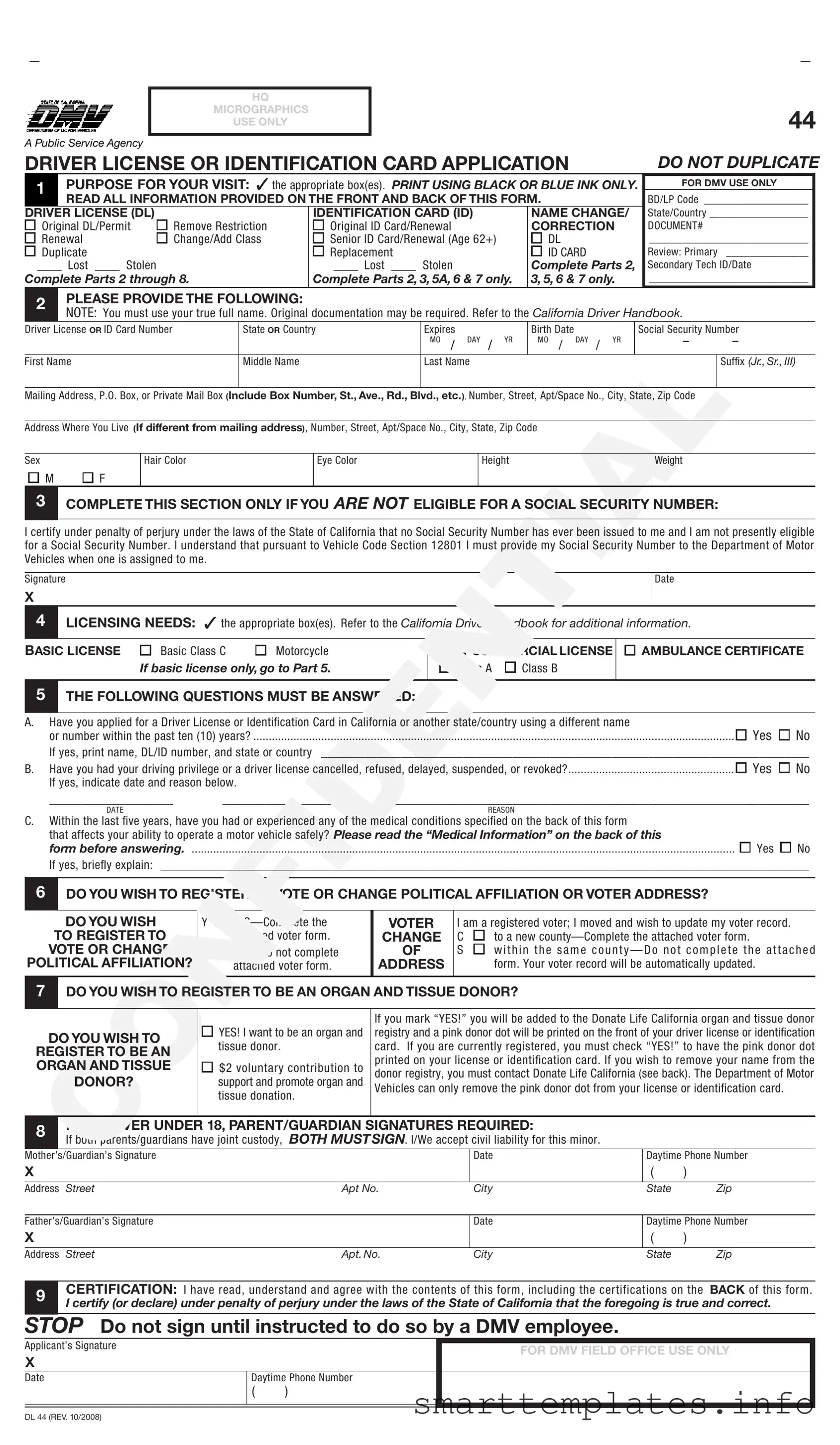 Fill in a Valid Ca Dmv Dl 44 Form