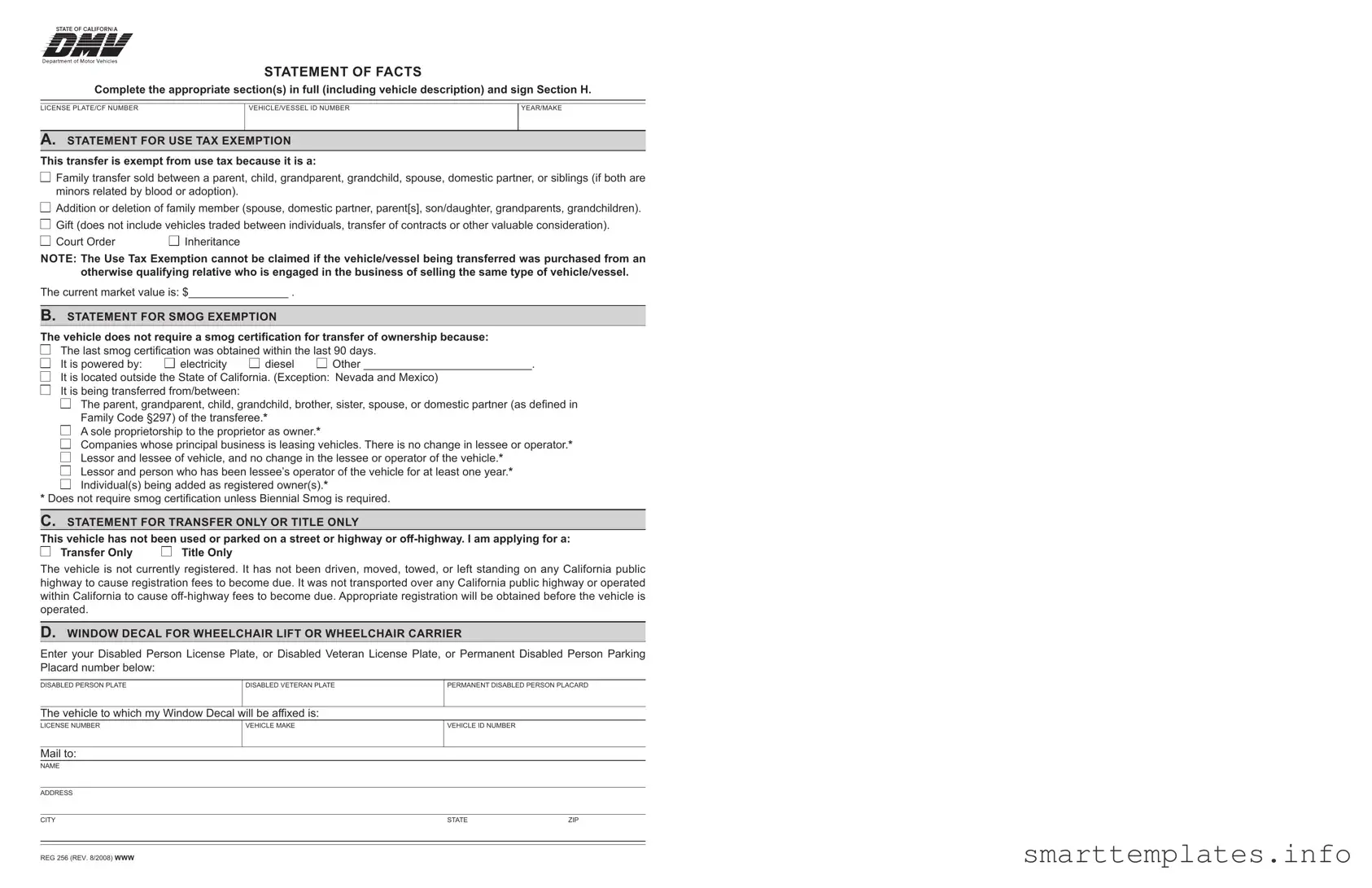Fill in a Valid Dmv Reg 256 Form