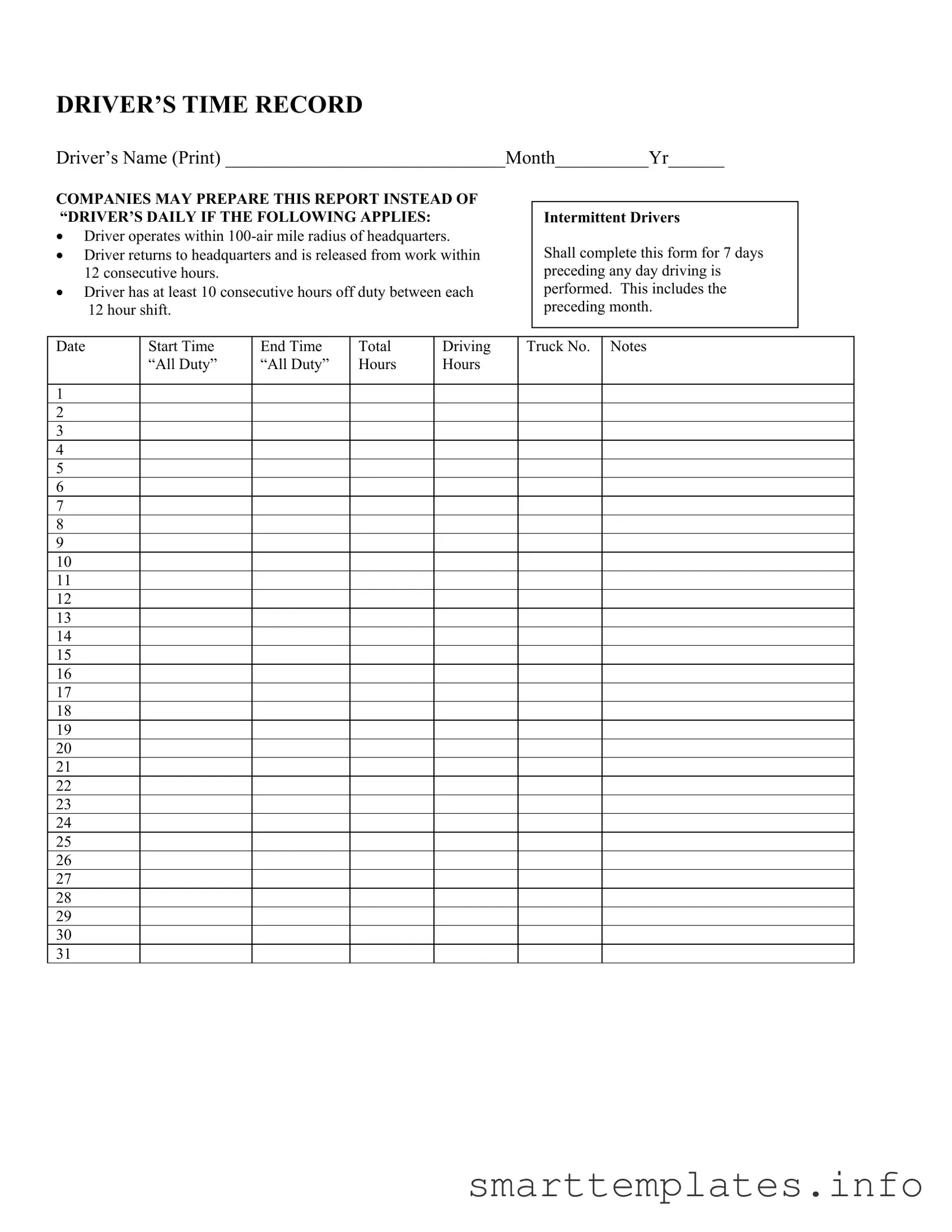 Fill in a Valid Driver Time Record Form