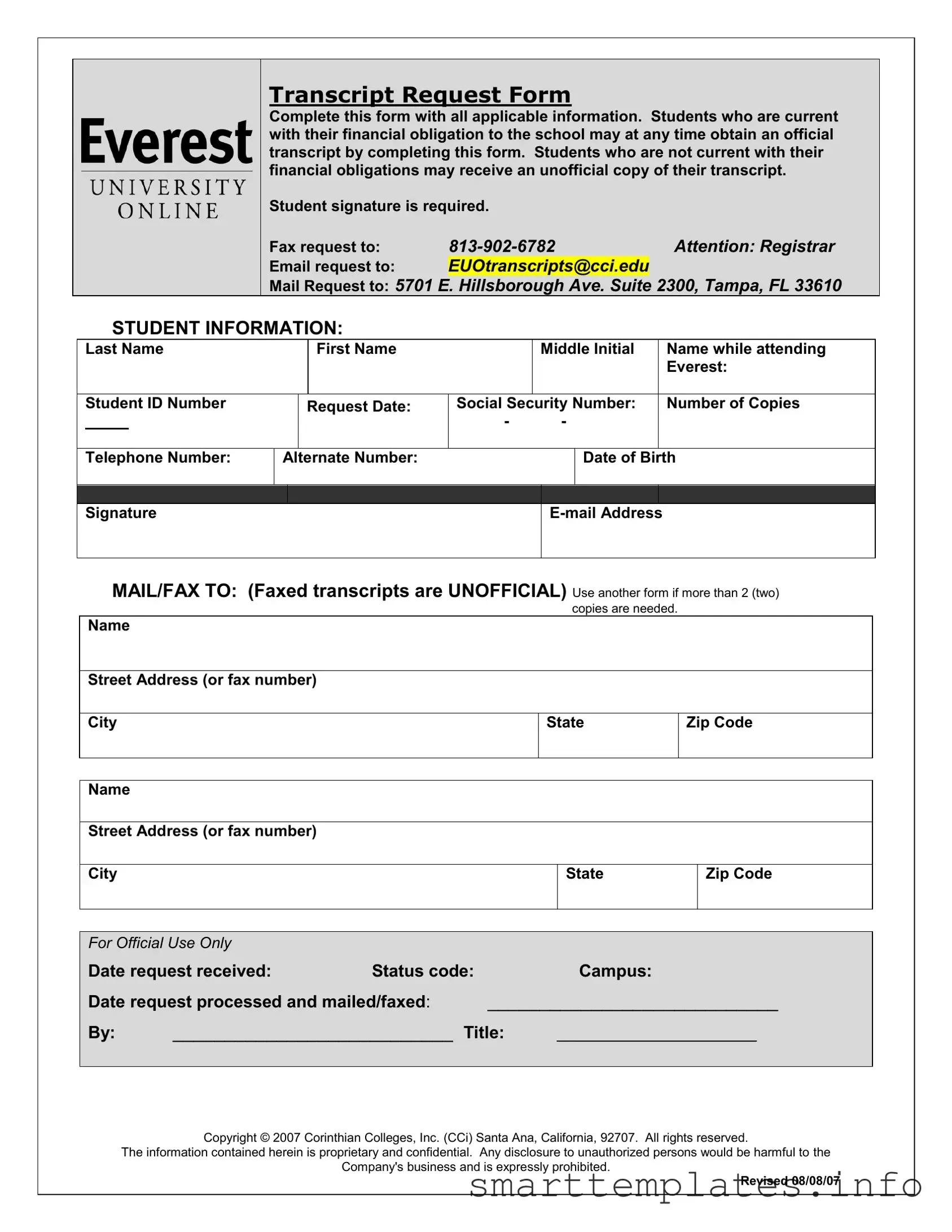Fill in a Valid Everest University Transcript Form