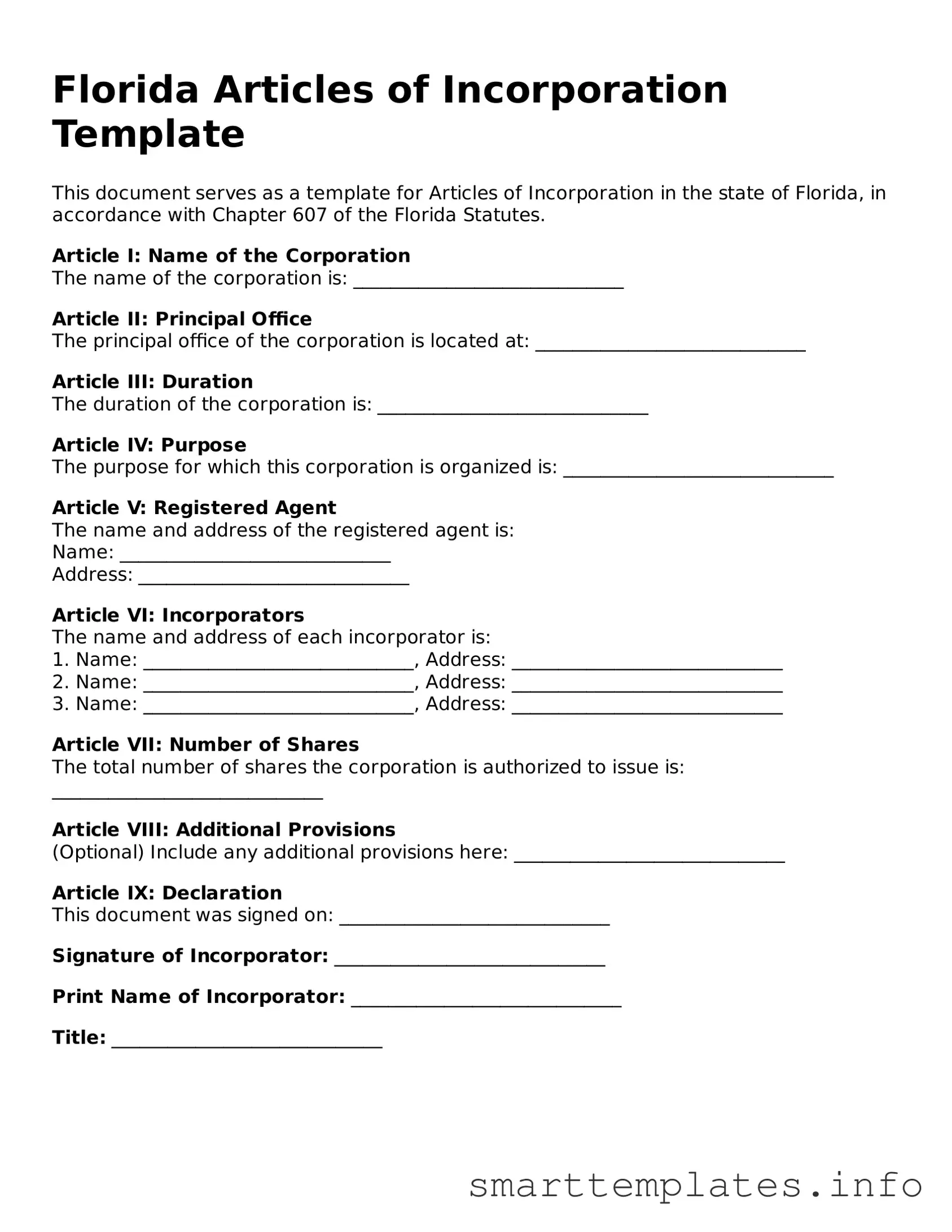 Legal Articles of Incorporation Template for Florida State