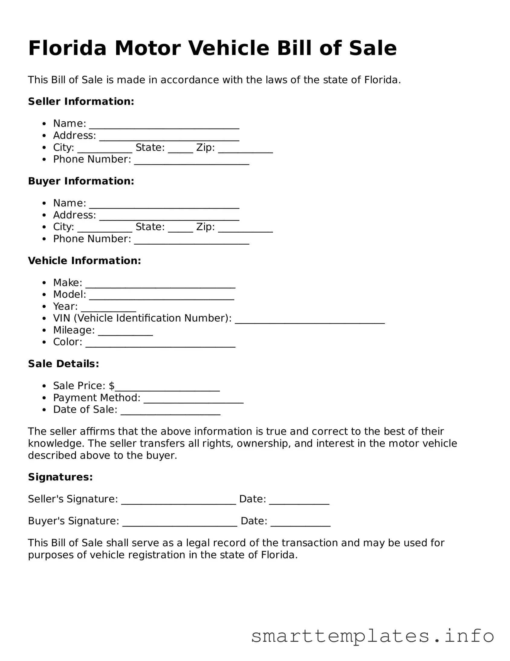 Legal Motor Vehicle Bill of Sale Template for Florida State