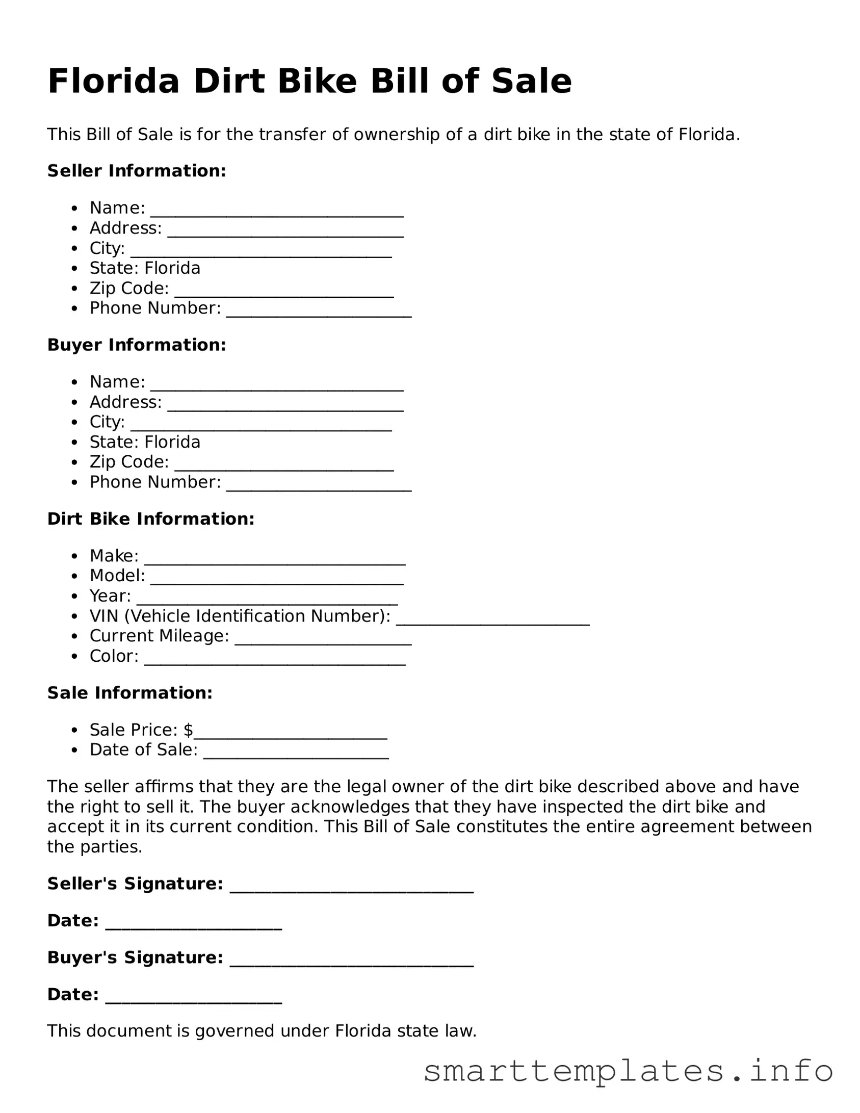 Legal Dirt Bike Bill of Sale Template for Florida State