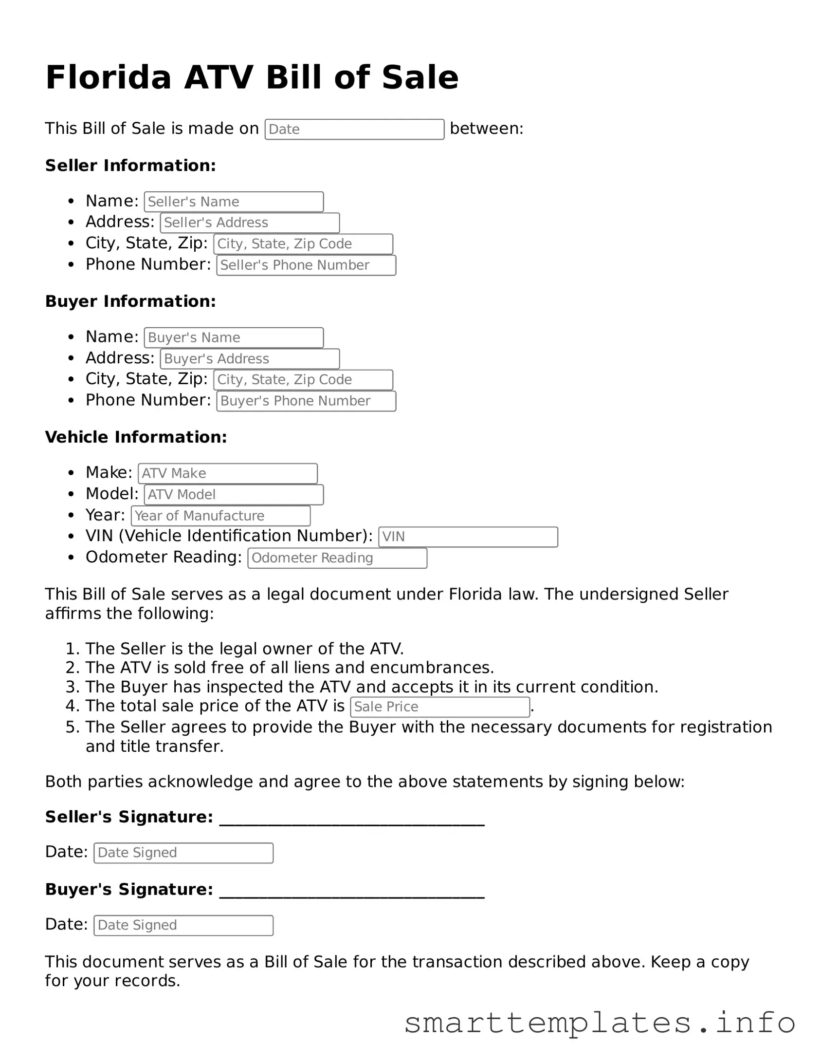 Legal ATV Bill of Sale Template for Florida State