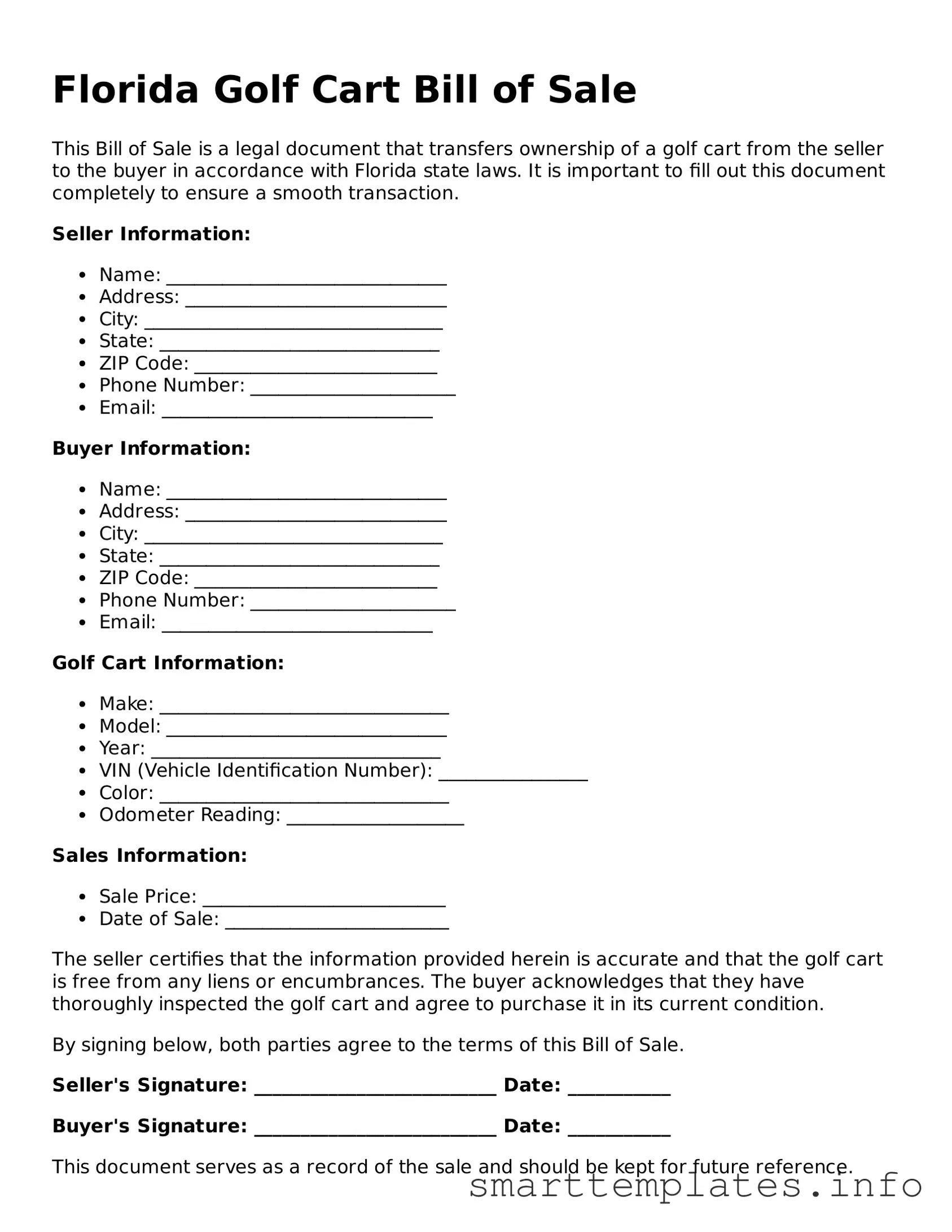 Legal Golf Cart Bill of Sale Template for Florida State