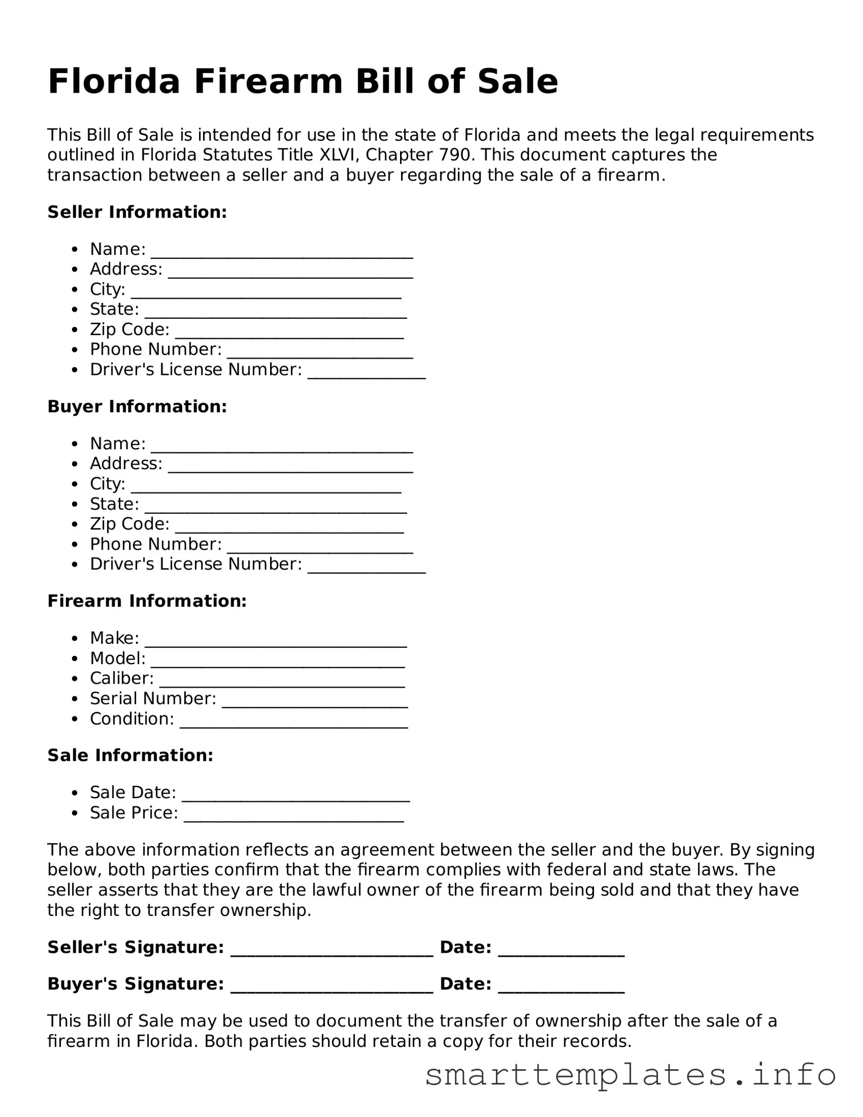 Legal Firearm Bill of Sale Template for Florida State