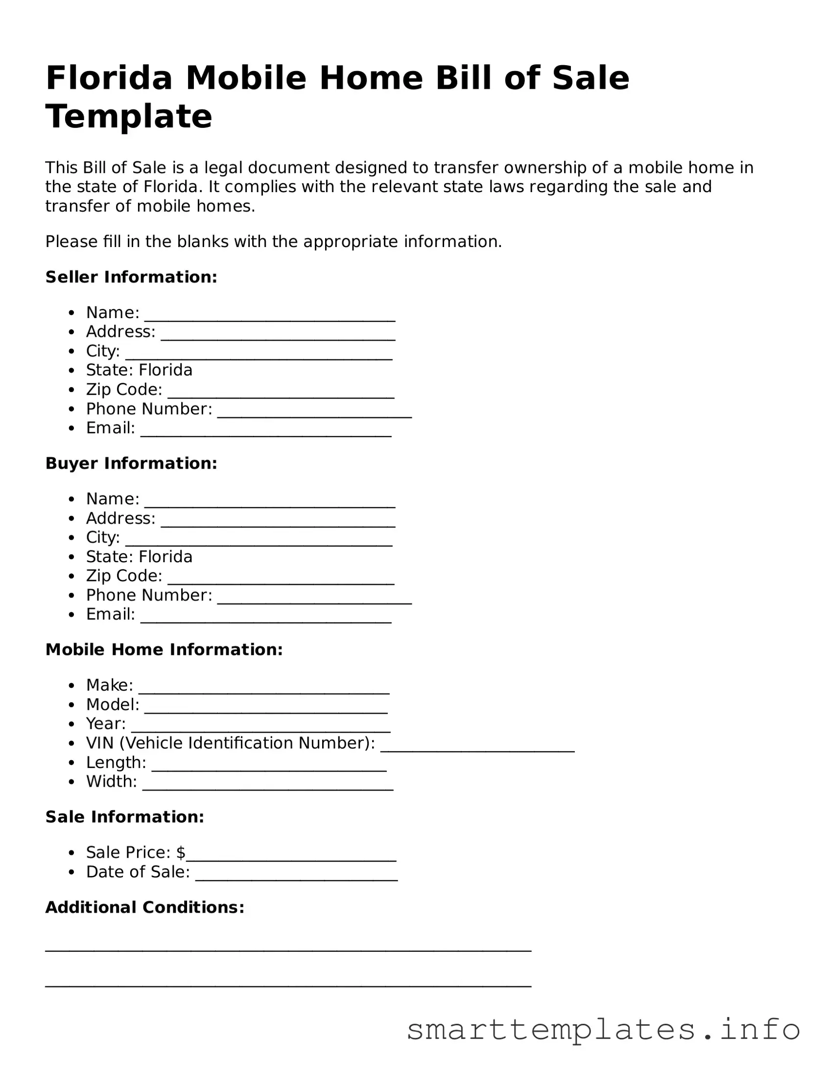 Legal Mobile Home Bill of Sale Template for Florida State