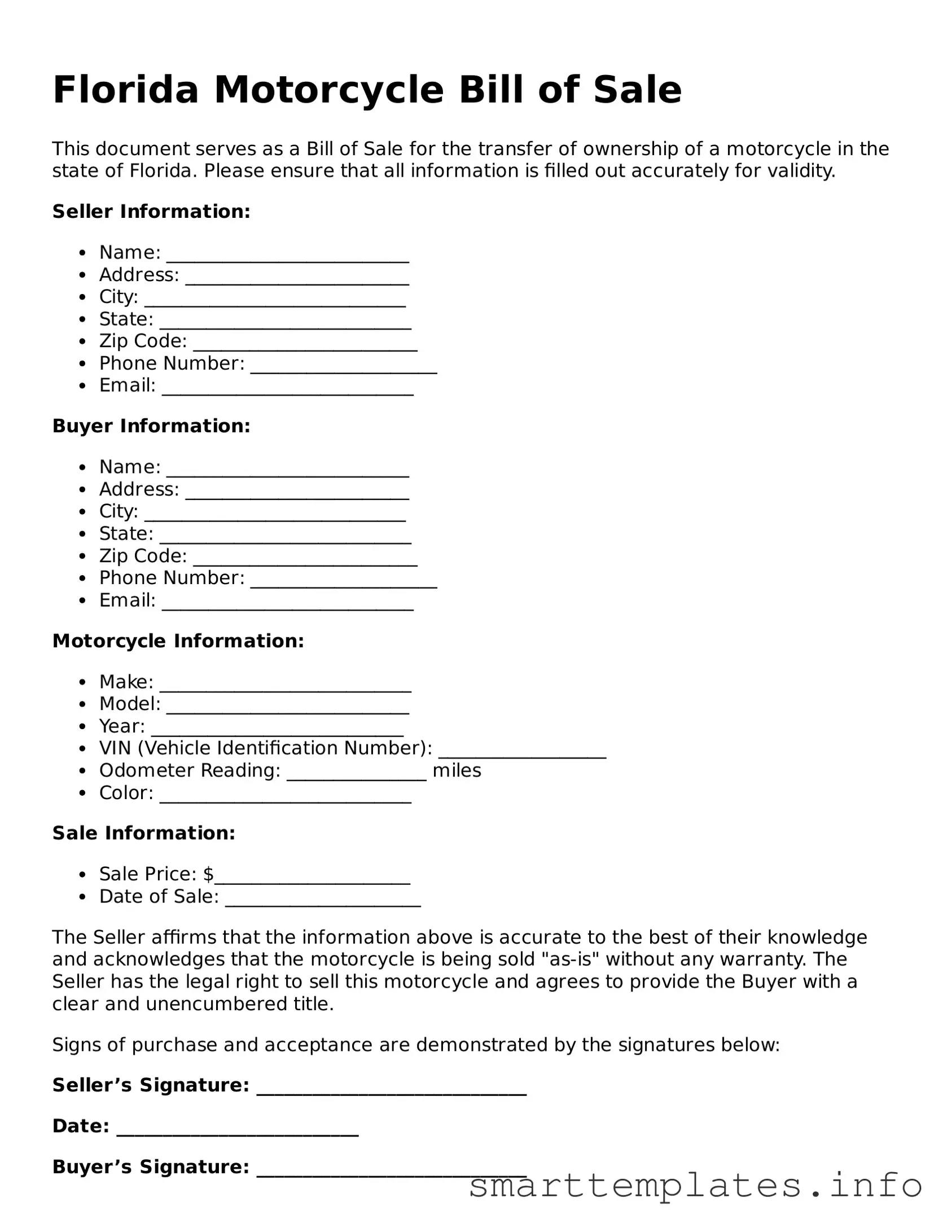Legal Motorcycle Bill of Sale Template for Florida State