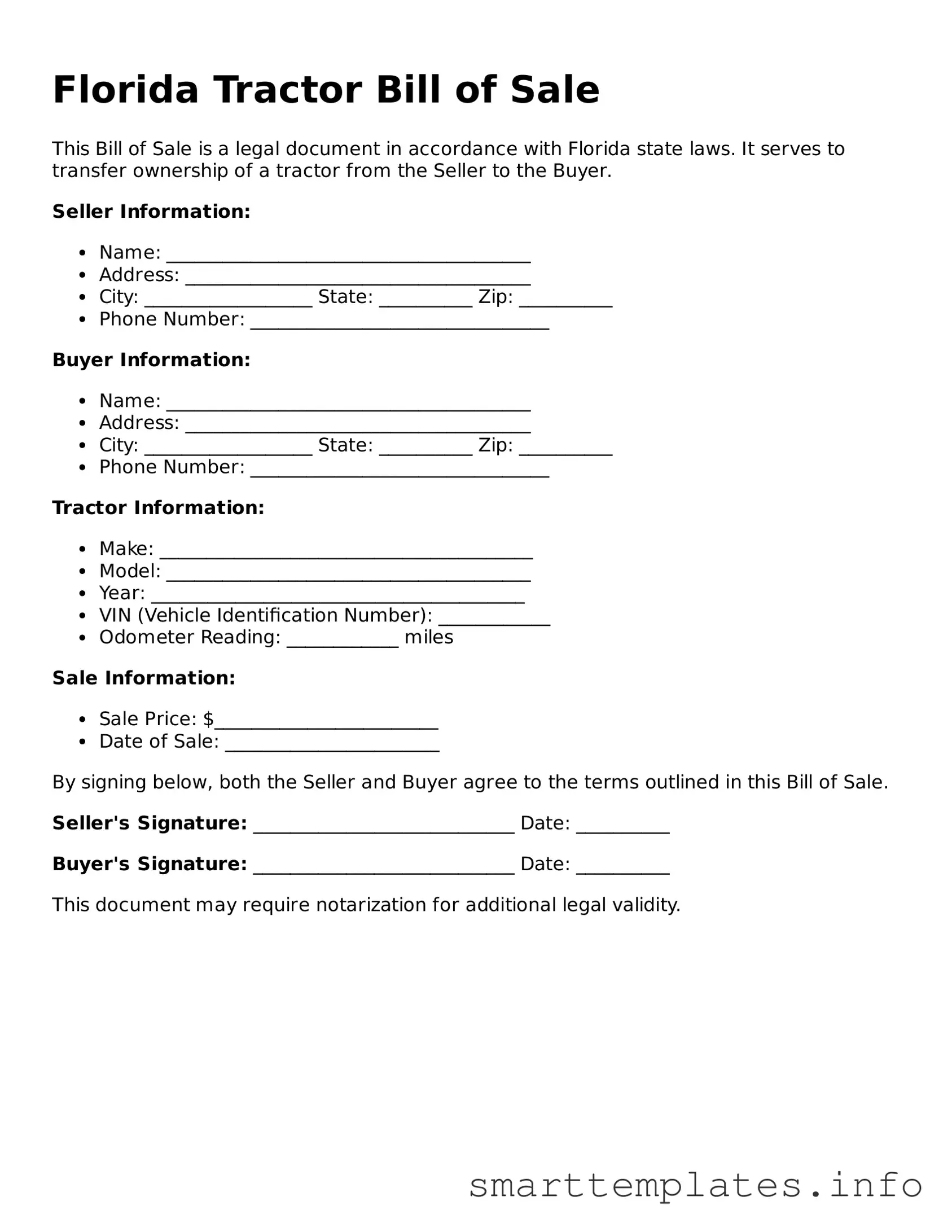 Legal Tractor Bill of Sale Template for Florida State