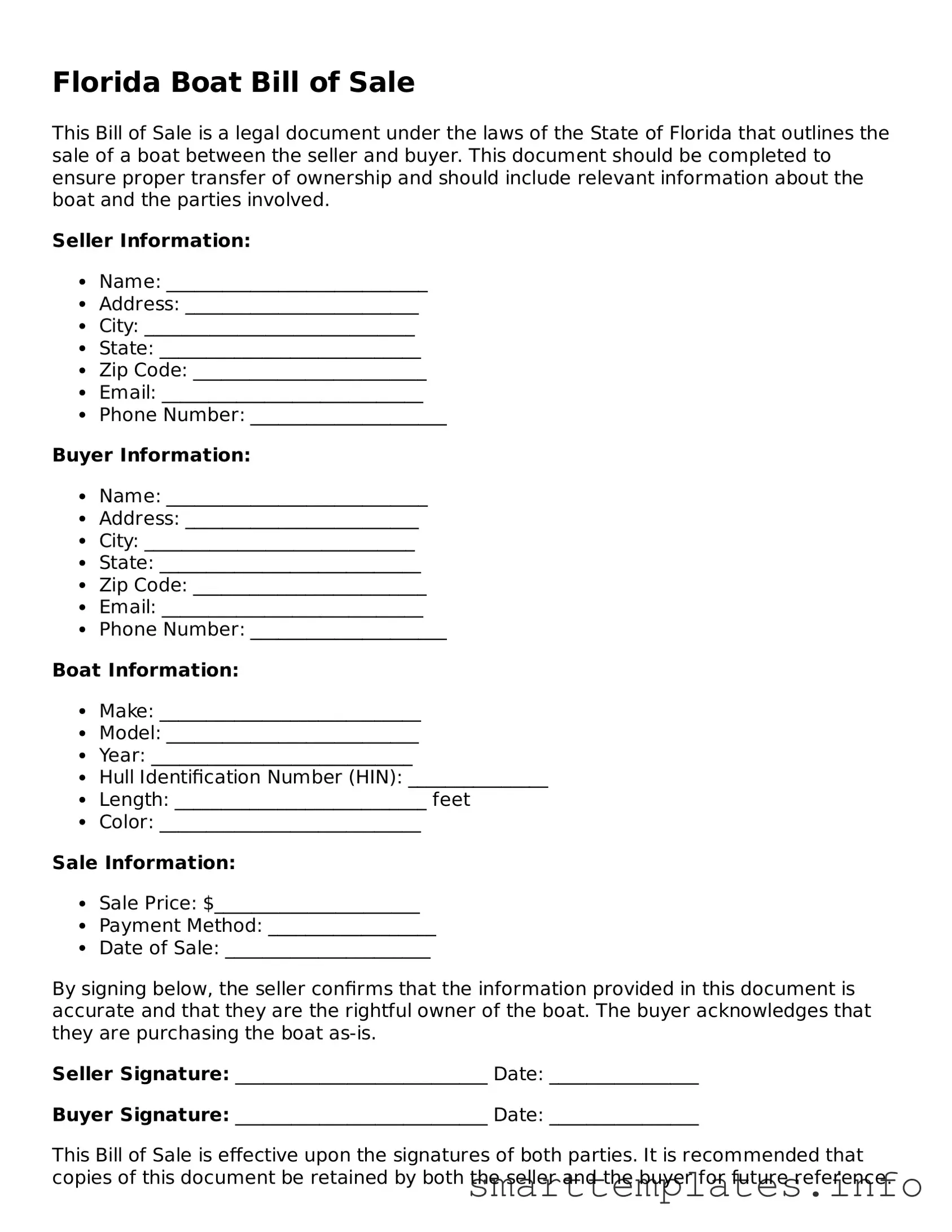 Legal Boat Bill of Sale Template for Florida State