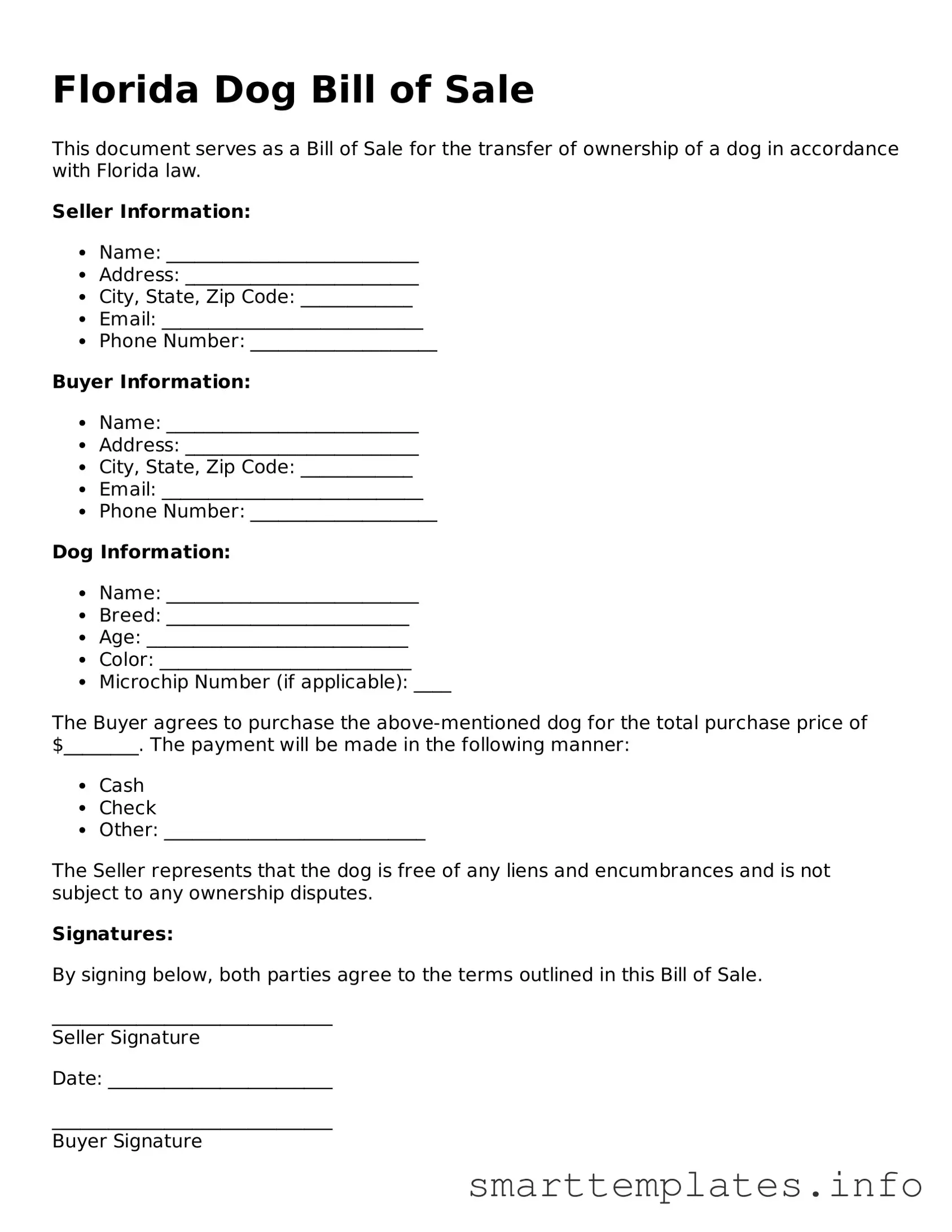 Legal Dog Bill of Sale Template for Florida State