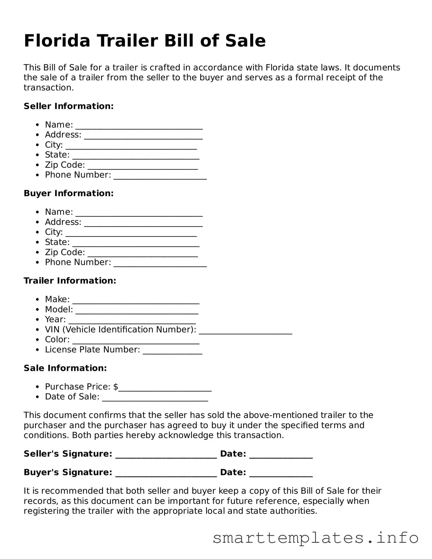 Legal Trailer Bill of Sale Template for Florida State