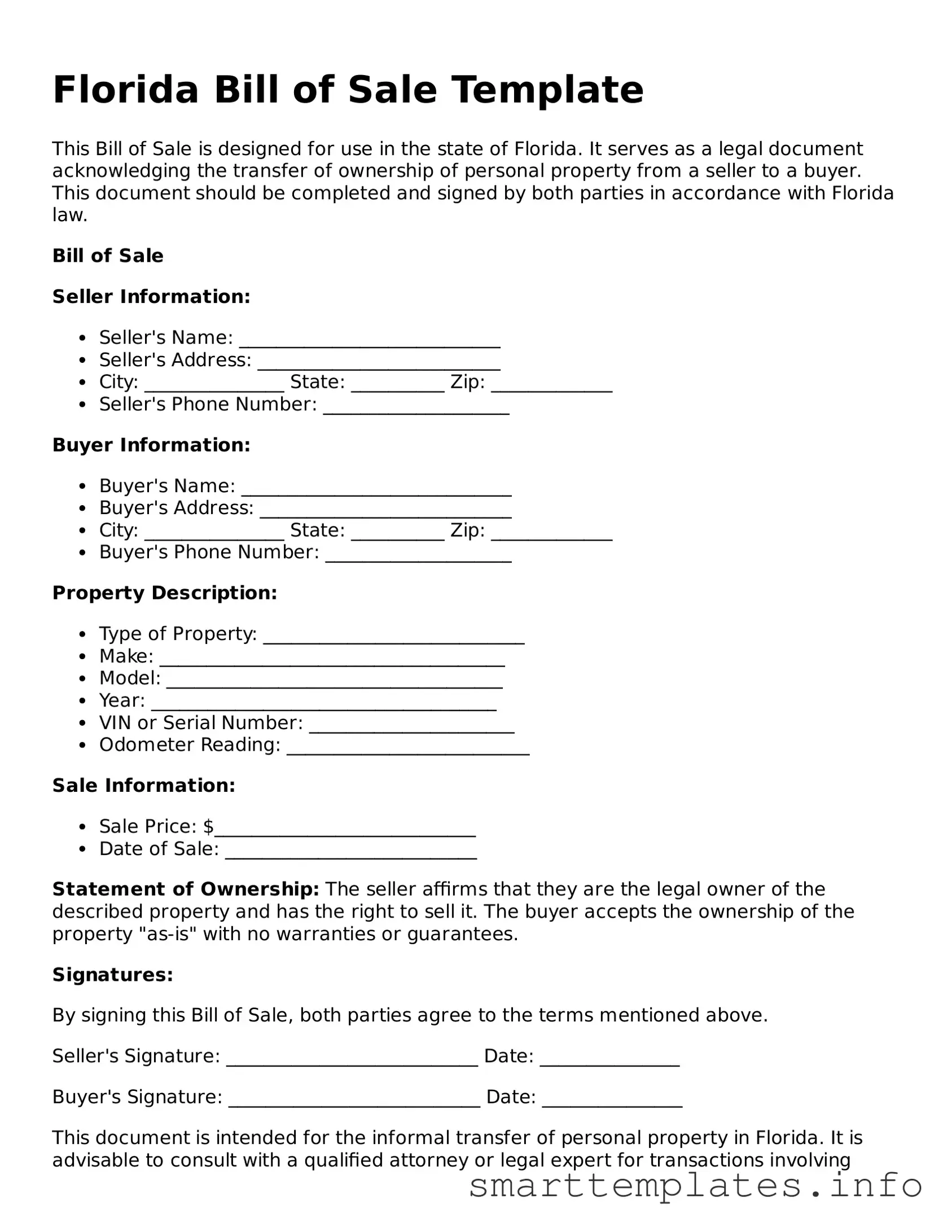 Legal Bill of Sale Template for Florida State