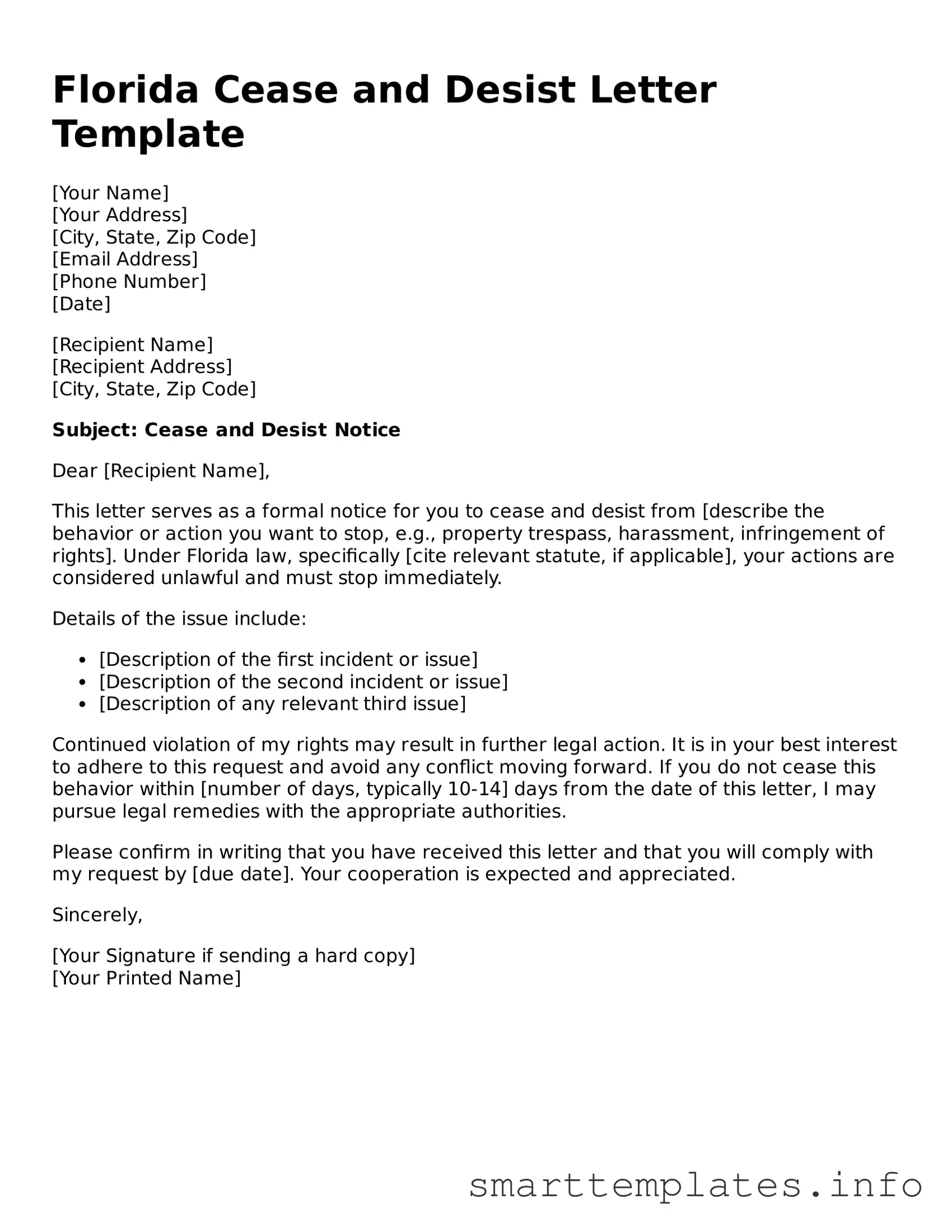 Legal Cease and Desist Letter Template for Florida State
