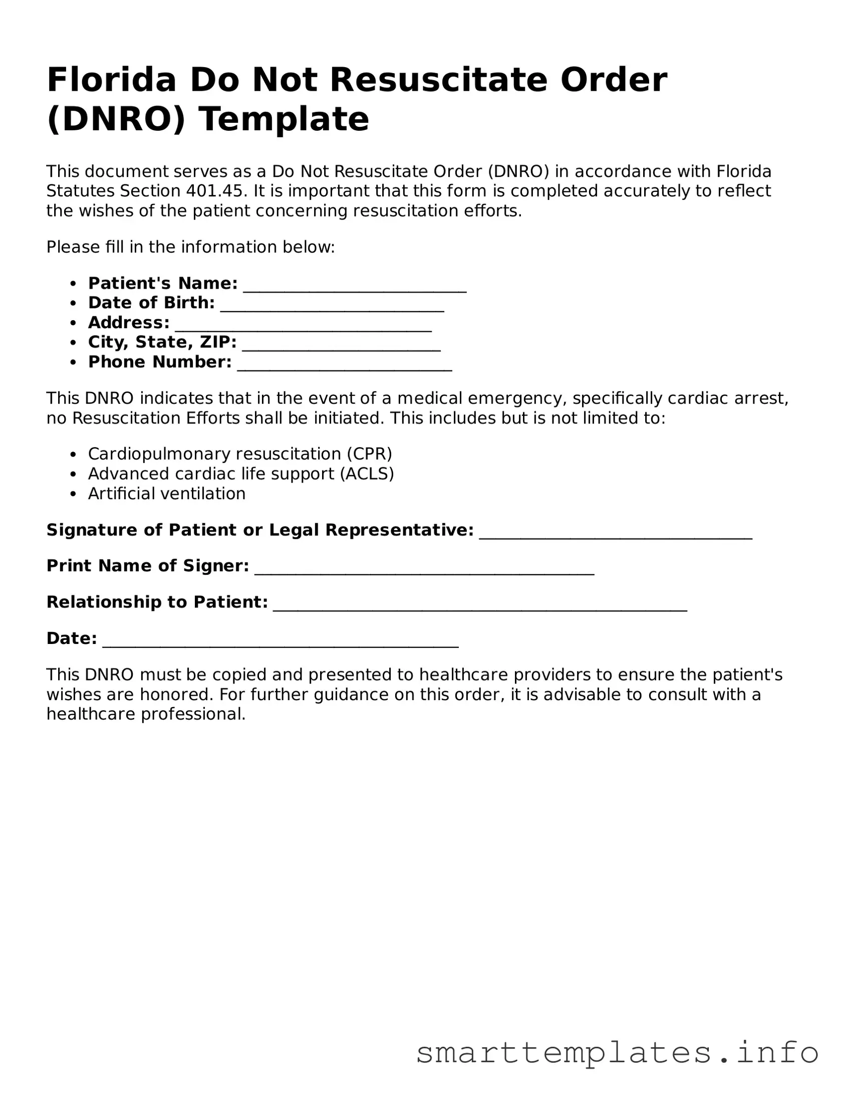Legal Do Not Resuscitate Order Template for Florida State