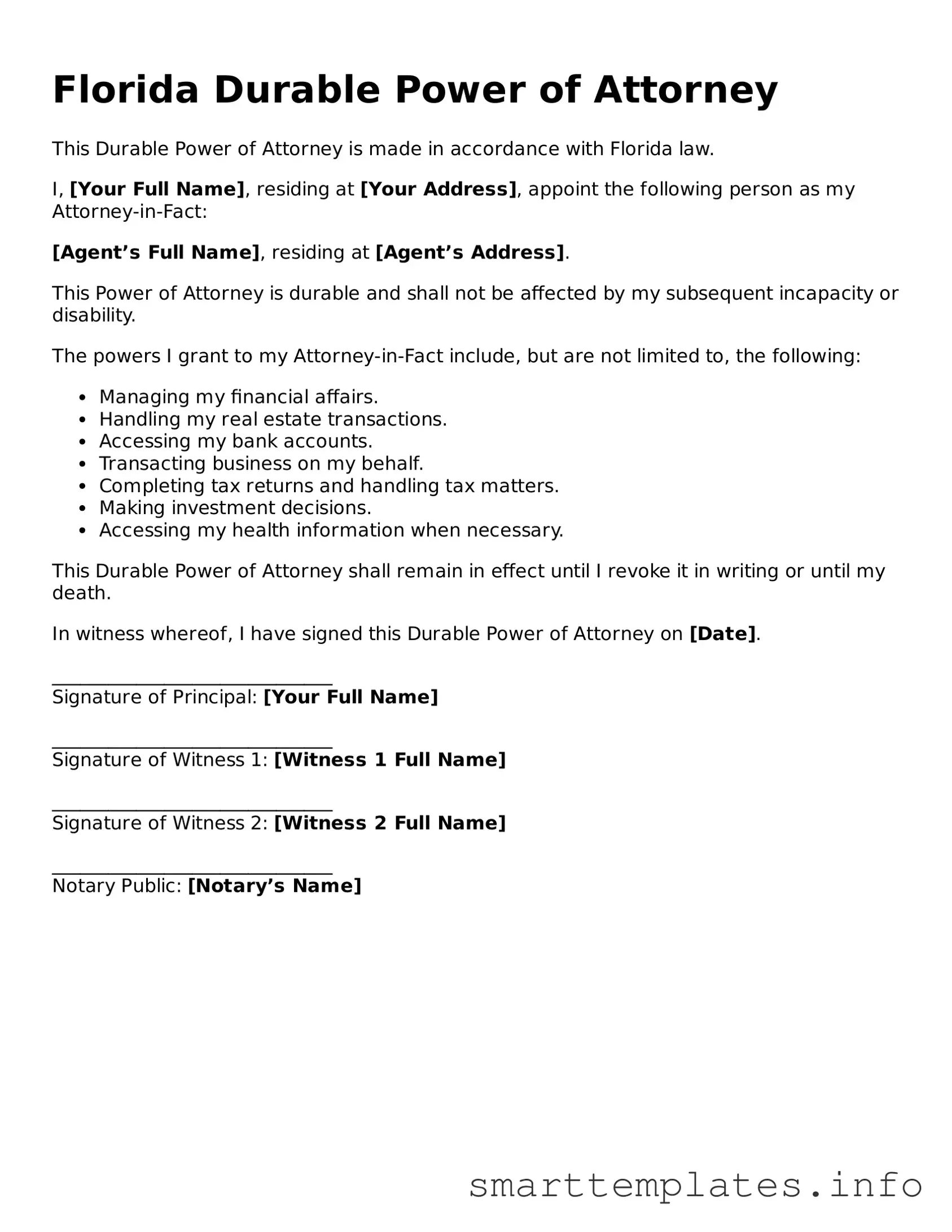 Legal Durable Power of Attorney Template for Florida State