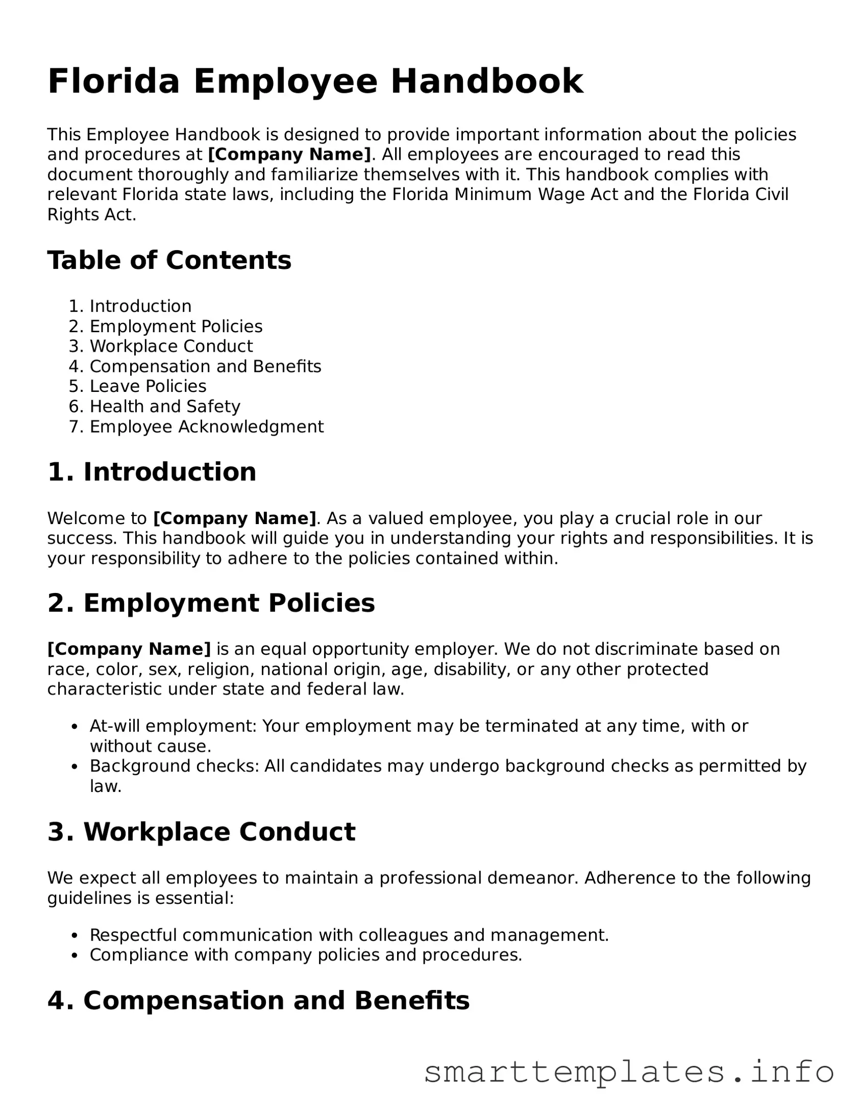 Legal Employee Handbook Template for Florida State