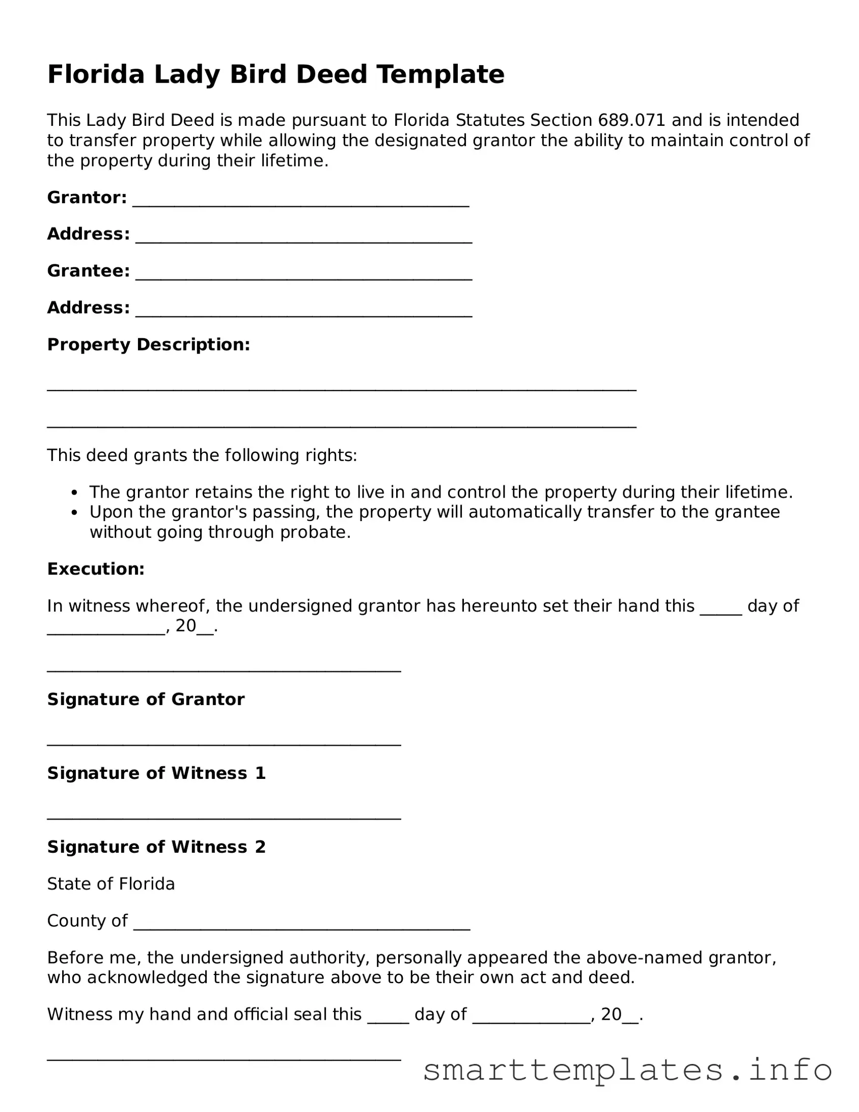 Legal Lady Bird Deed Template for Florida State