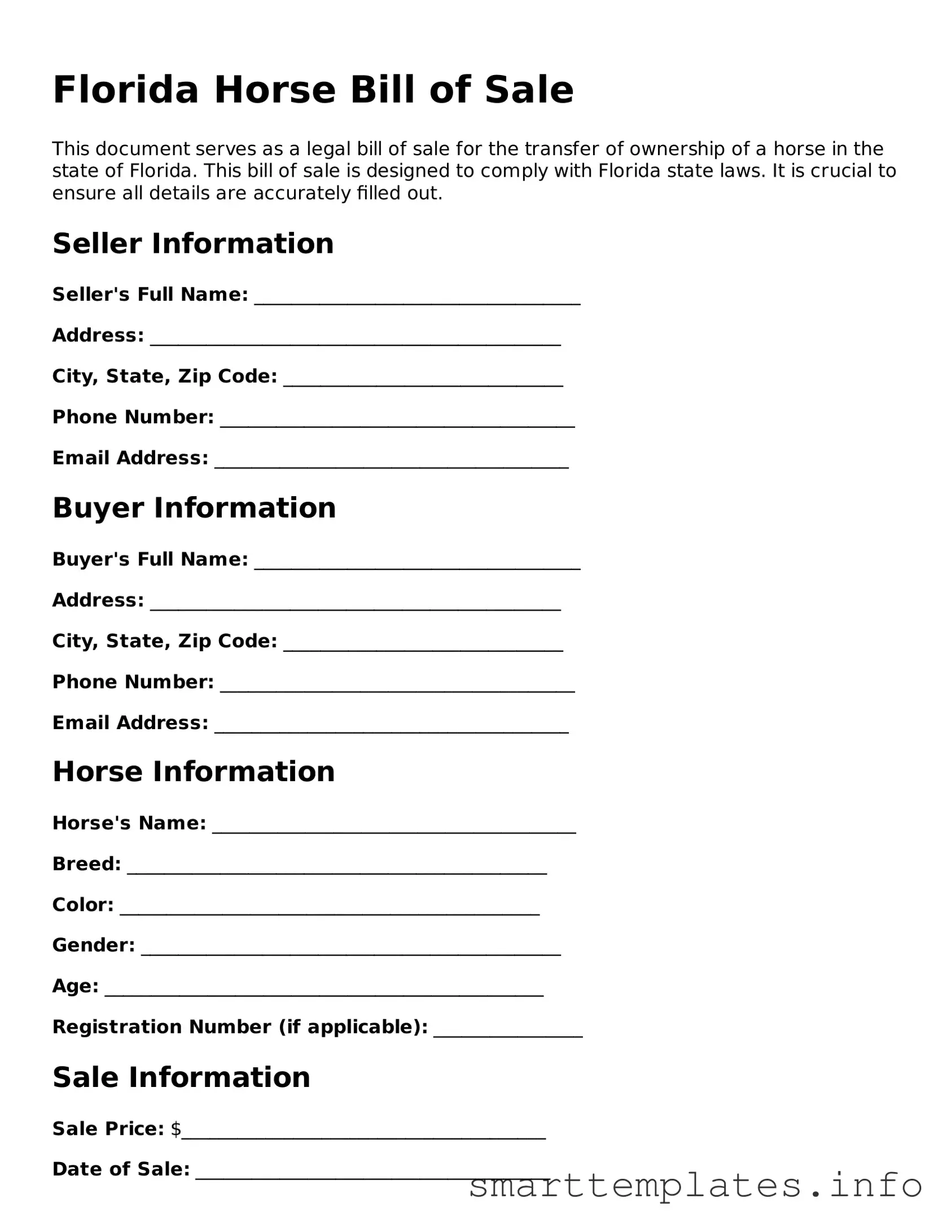 Legal Horse Bill of Sale Template for Florida State