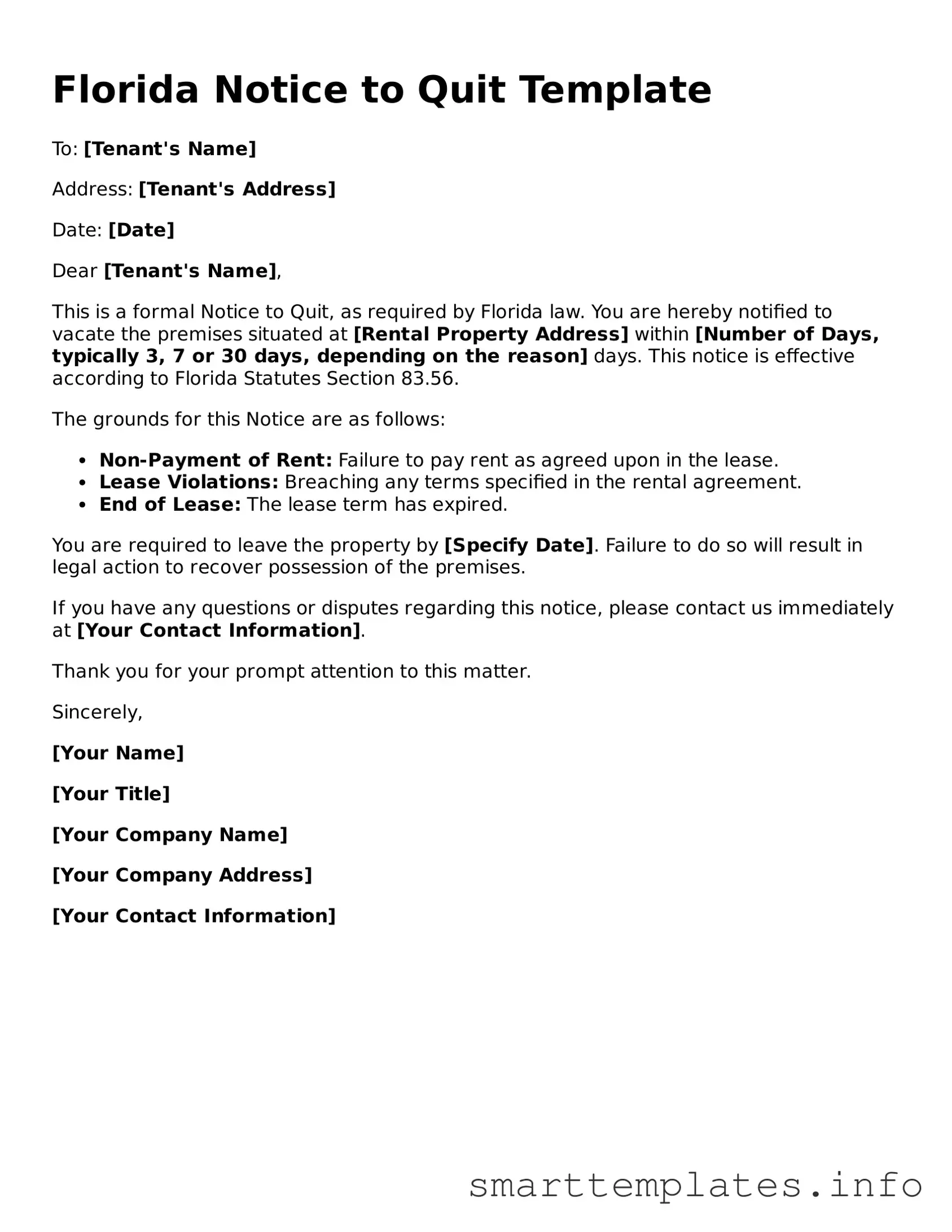 Legal Notice to Quit Template for Florida State