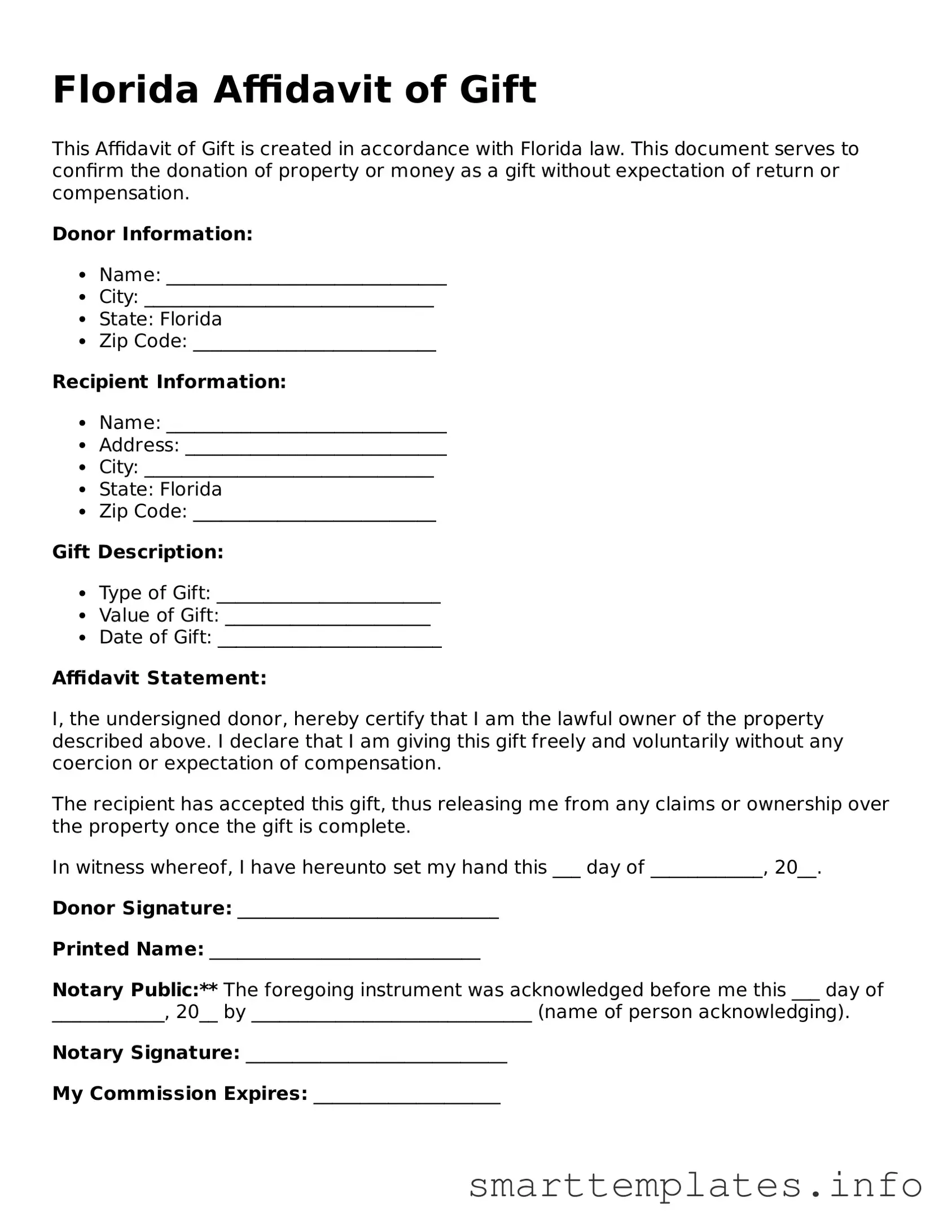 Legal Affidavit of Gift Template for Florida State