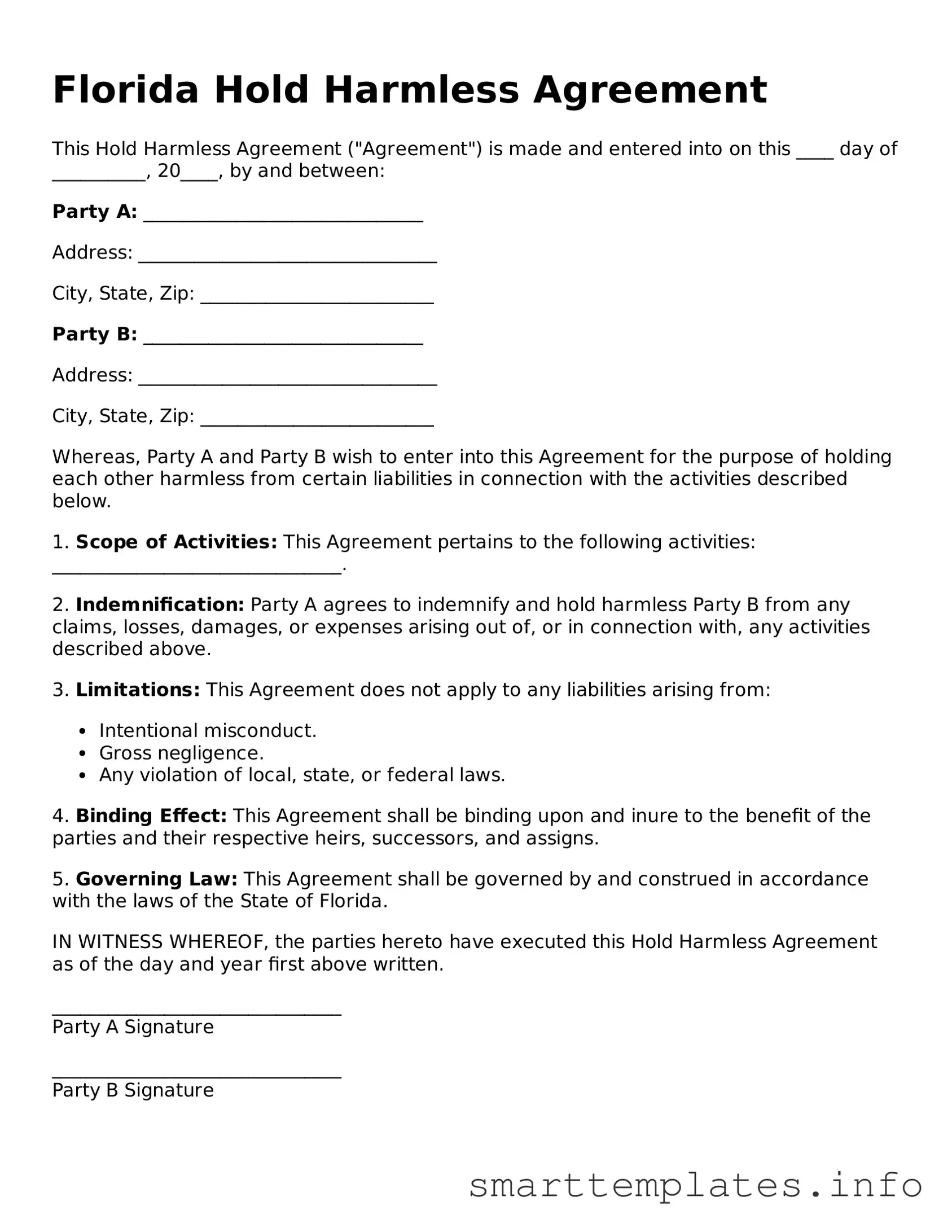 Legal Hold Harmless Agreement Template for Florida State
