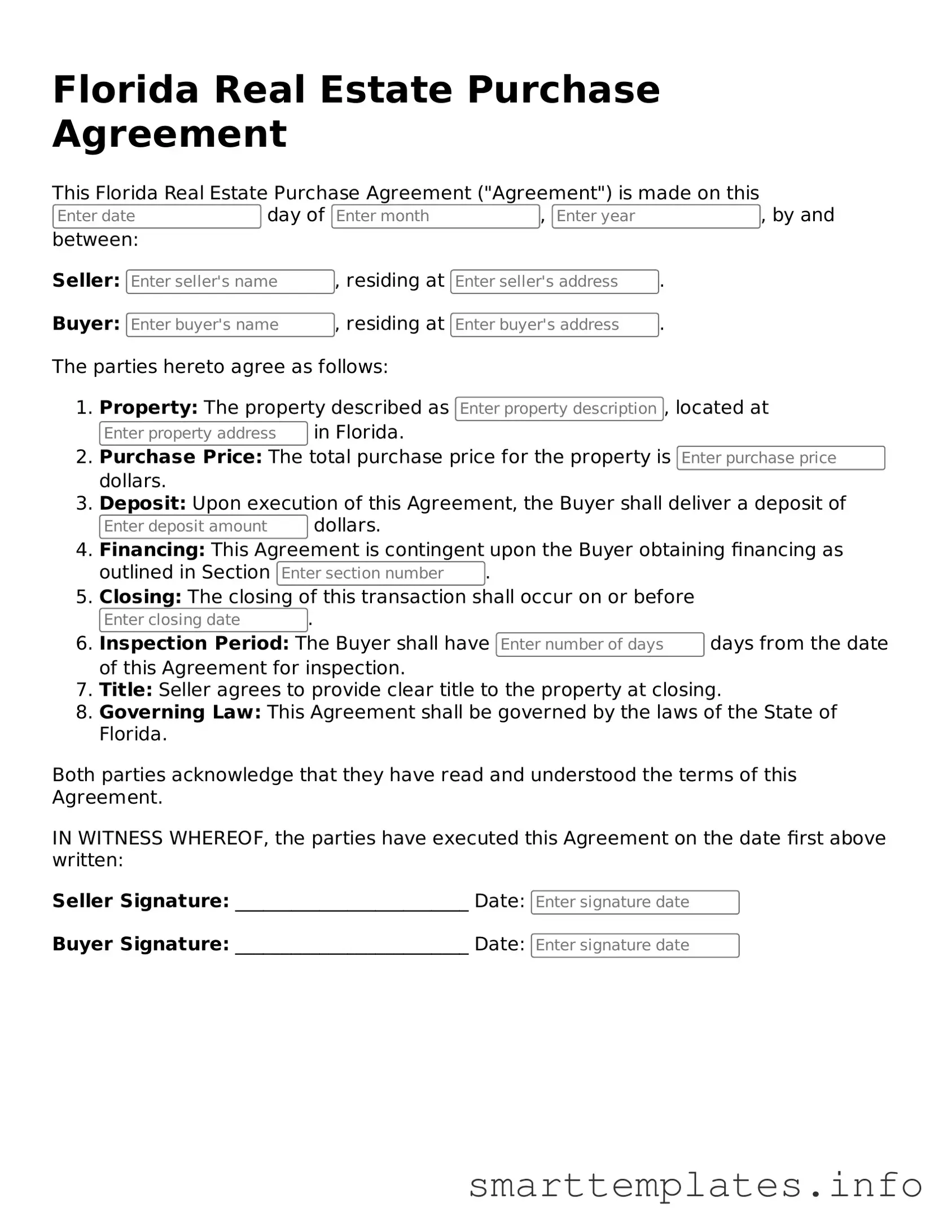 Legal Real Estate Purchase Agreement Template for Florida State