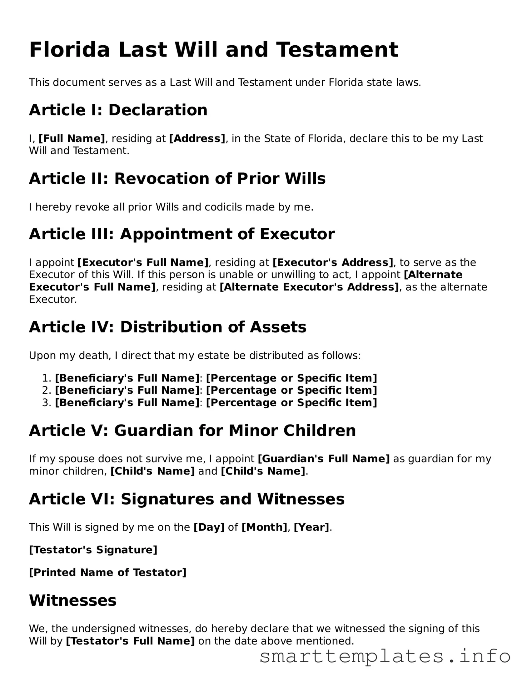Legal Last Will and Testament Template for Florida State