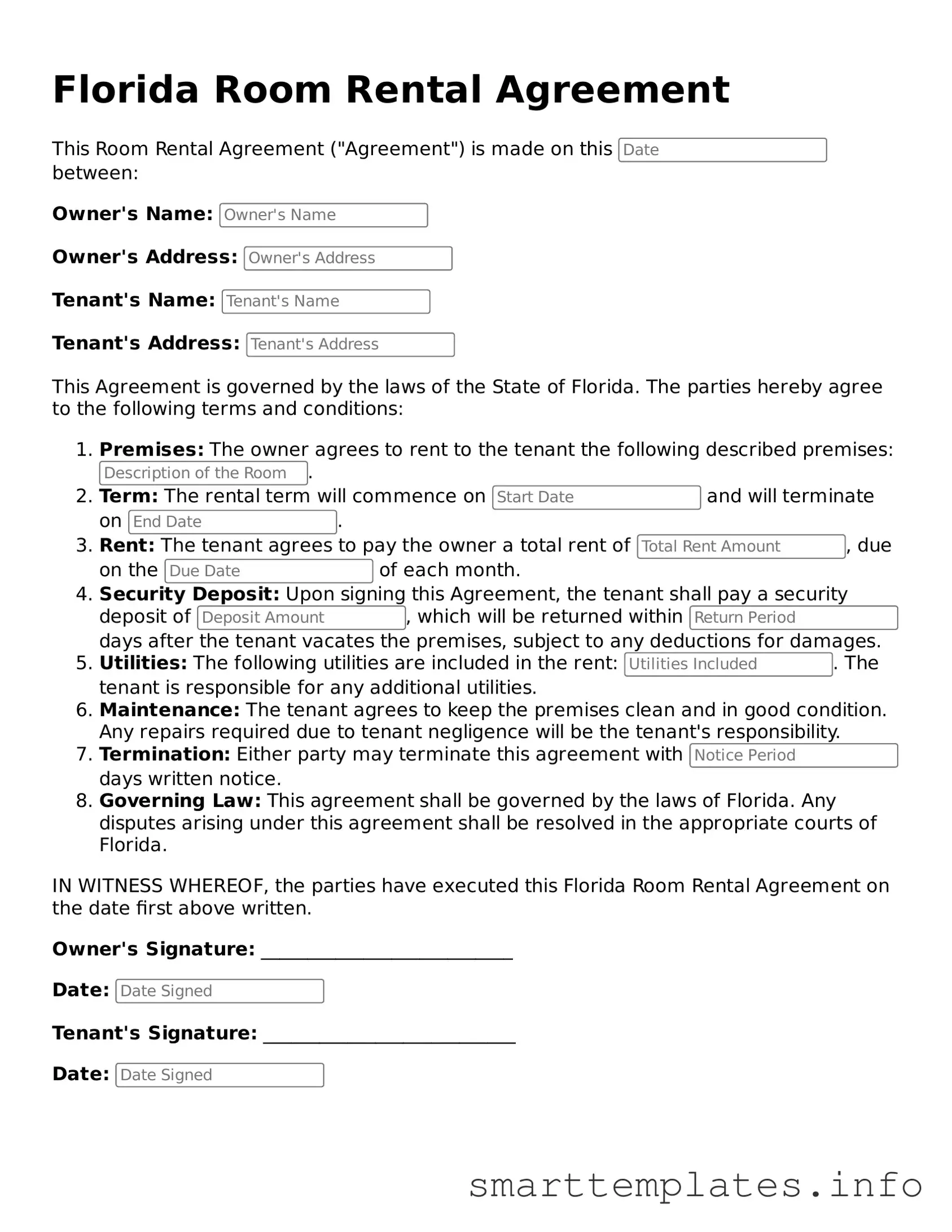 Legal Room Rental Agreement Template for Florida State