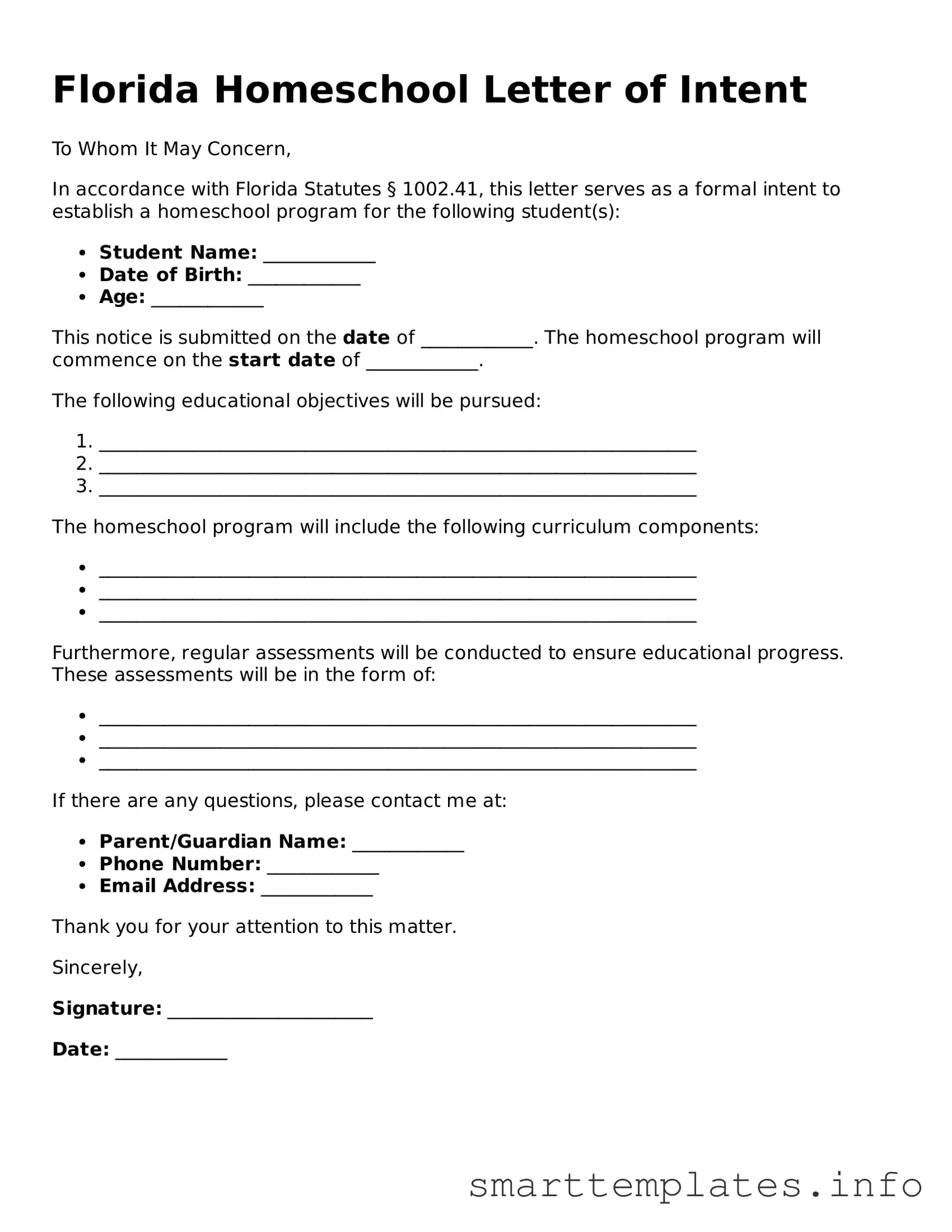 Legal Homeschool Letter of Intent Template for Florida State