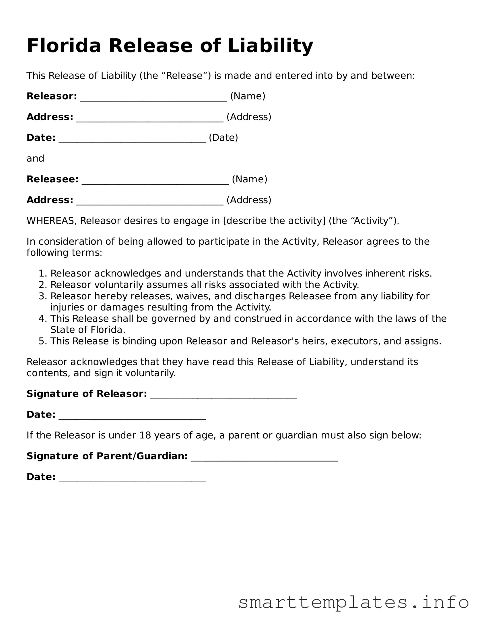 Legal Release of Liability Template for Florida State