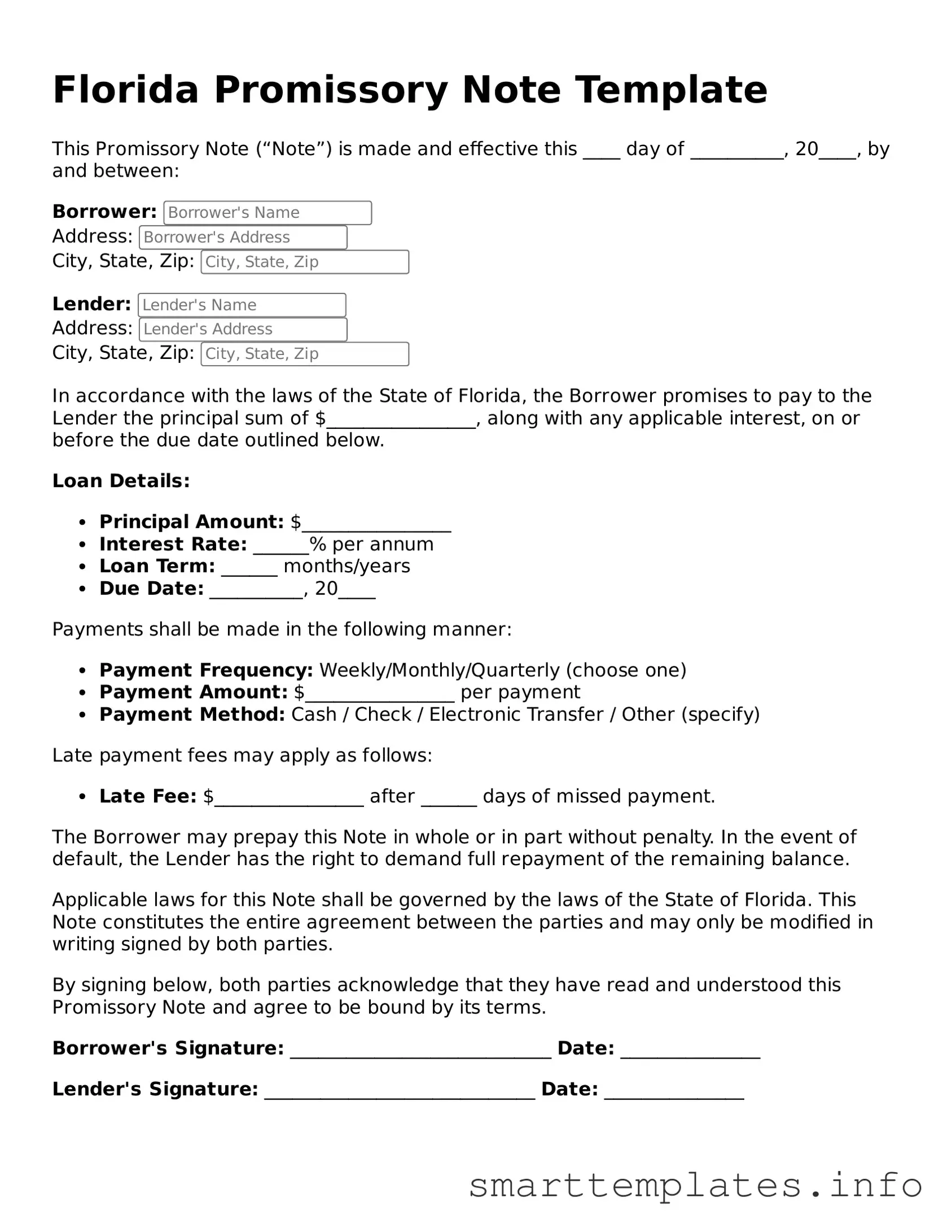 Legal Promissory Note Template for Florida State