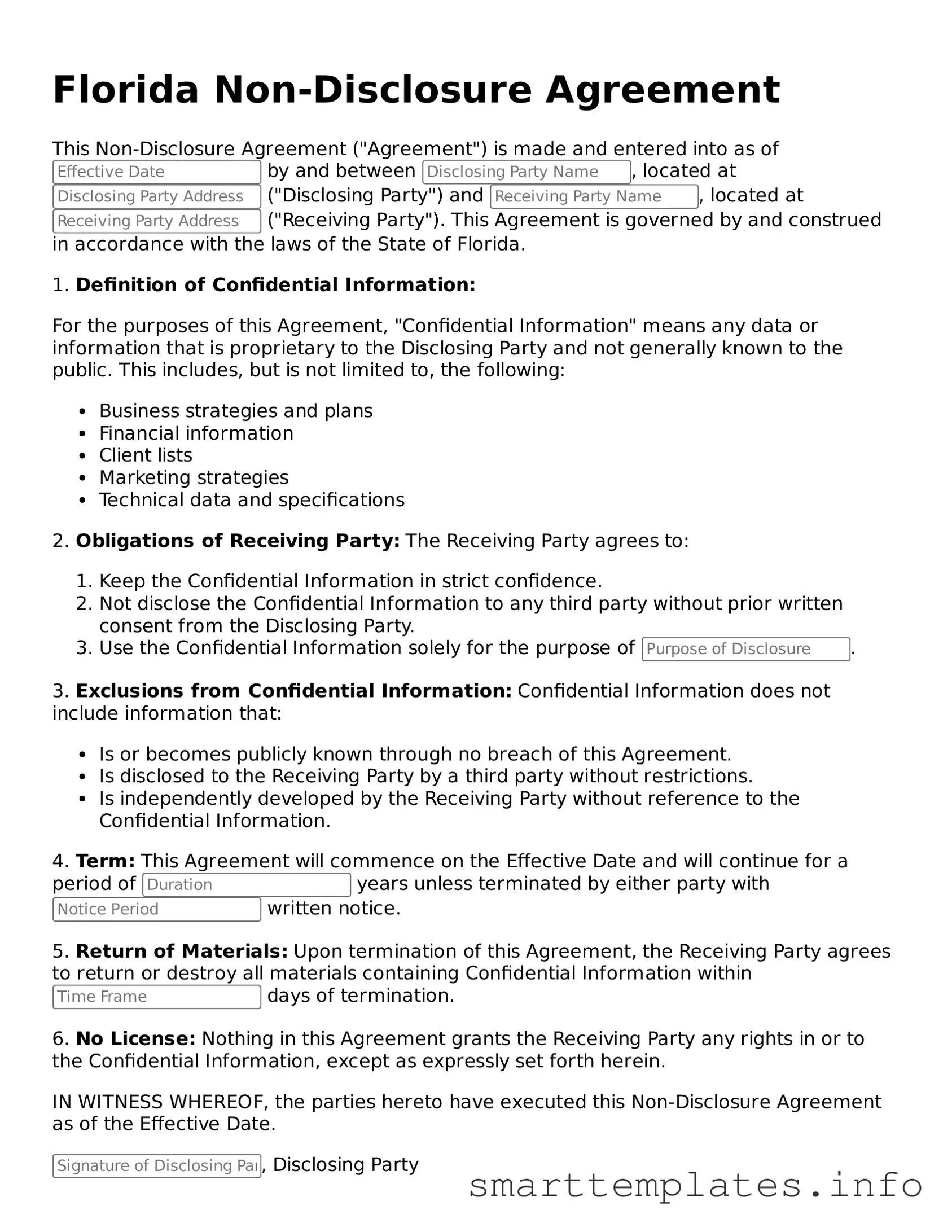 Legal Non-disclosure Agreement Template for Florida State