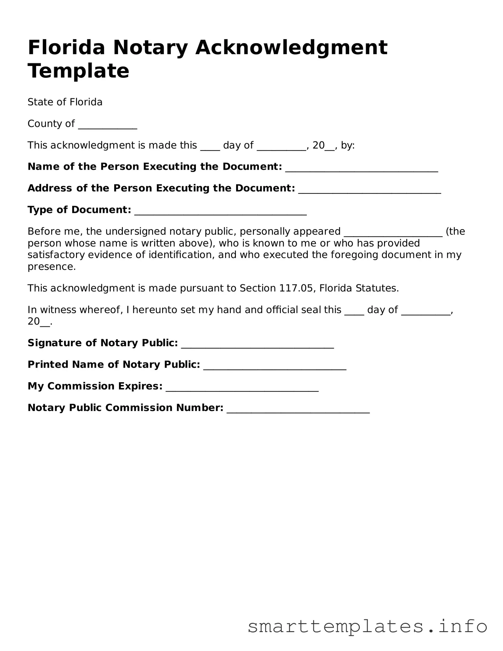 Legal Notary Acknowledgement Template for Florida State