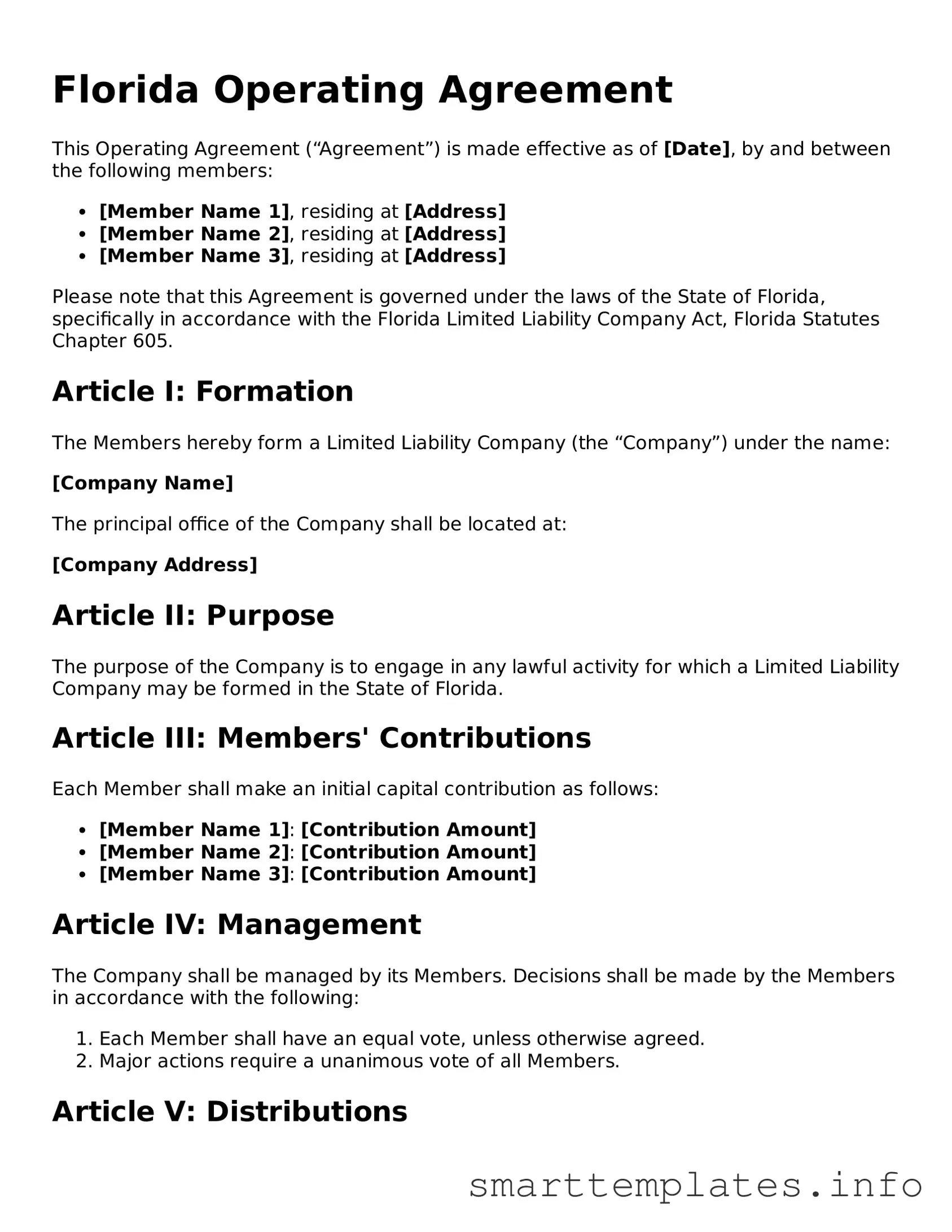 Legal Operating Agreement Template for Florida State