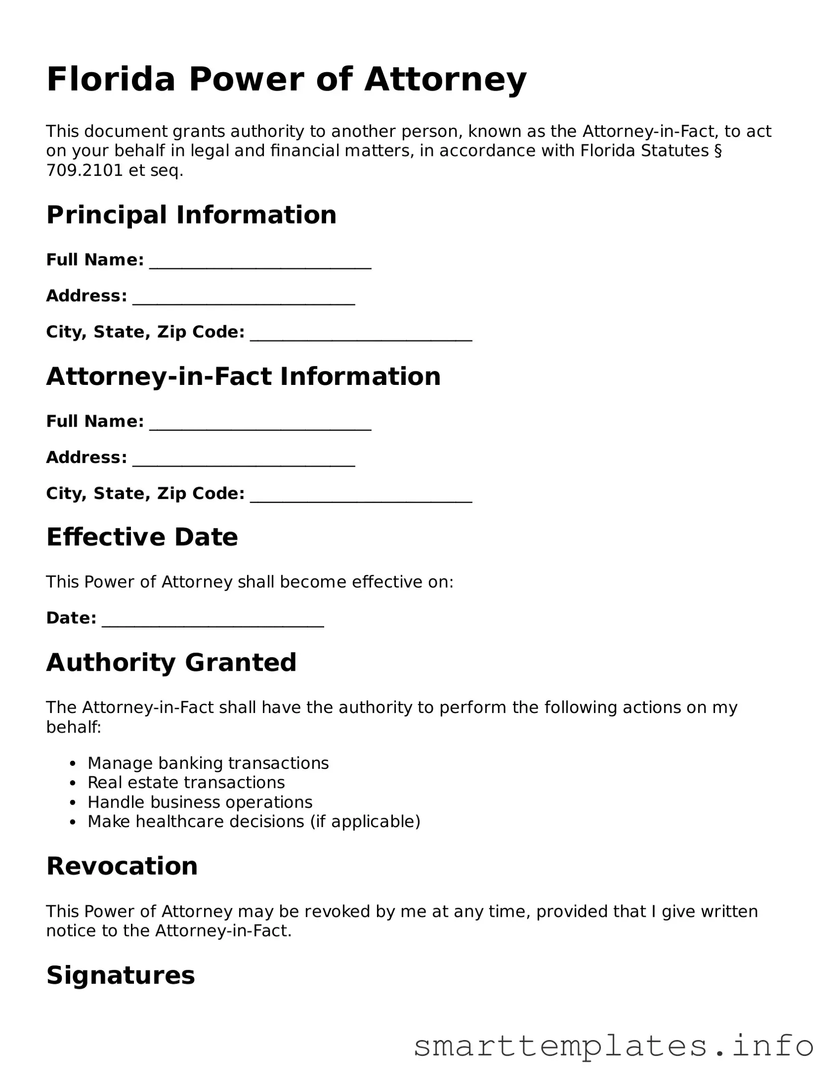 Legal Power of Attorney Template for Florida State