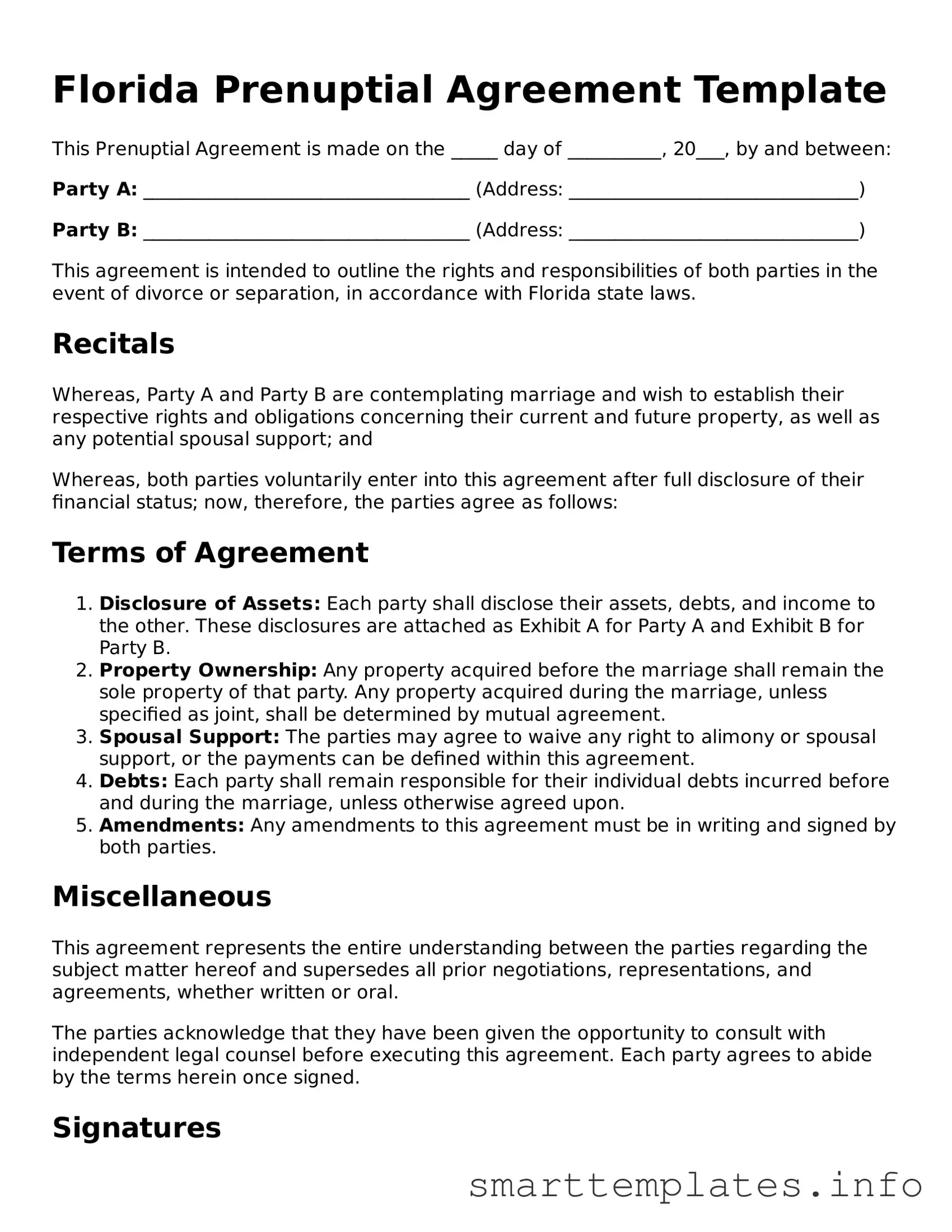 Legal Prenuptial Agreement Template for Florida State