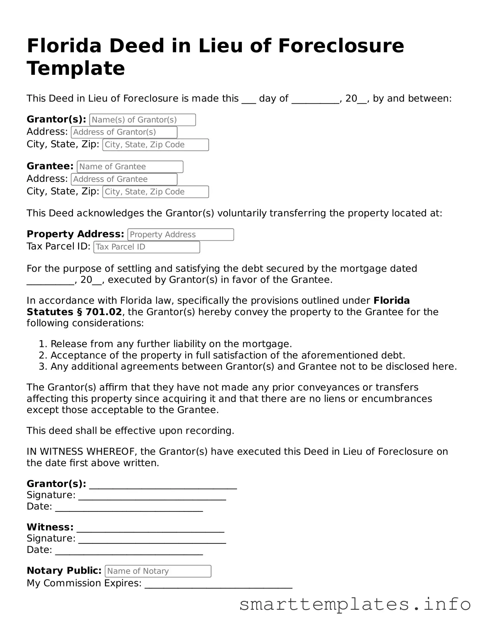 Legal Deed in Lieu of Foreclosure Template for Florida State