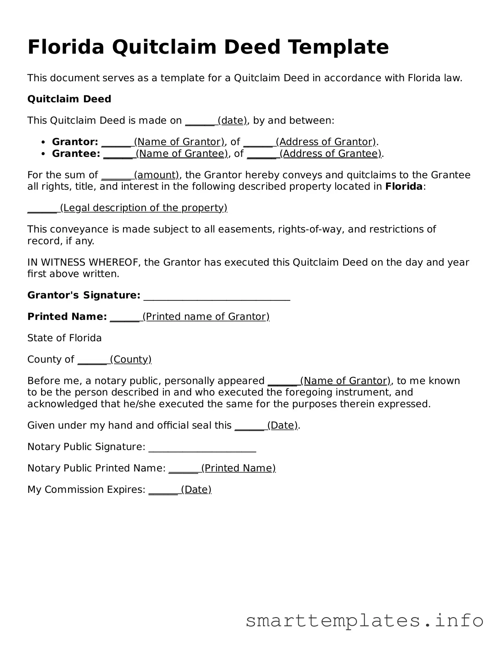 Legal Quitclaim Deed Template for Florida State