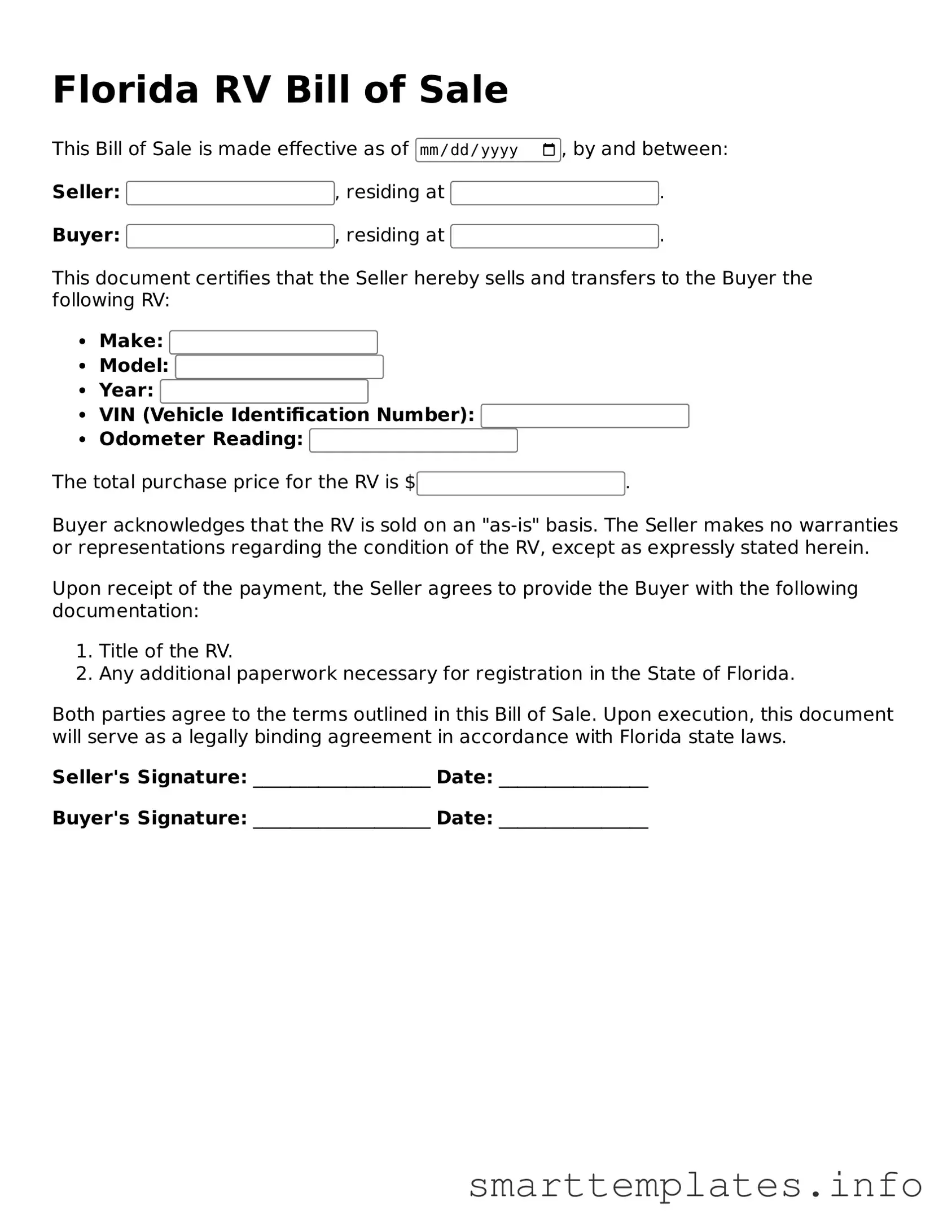 Legal RV Bill of Sale Template for Florida State