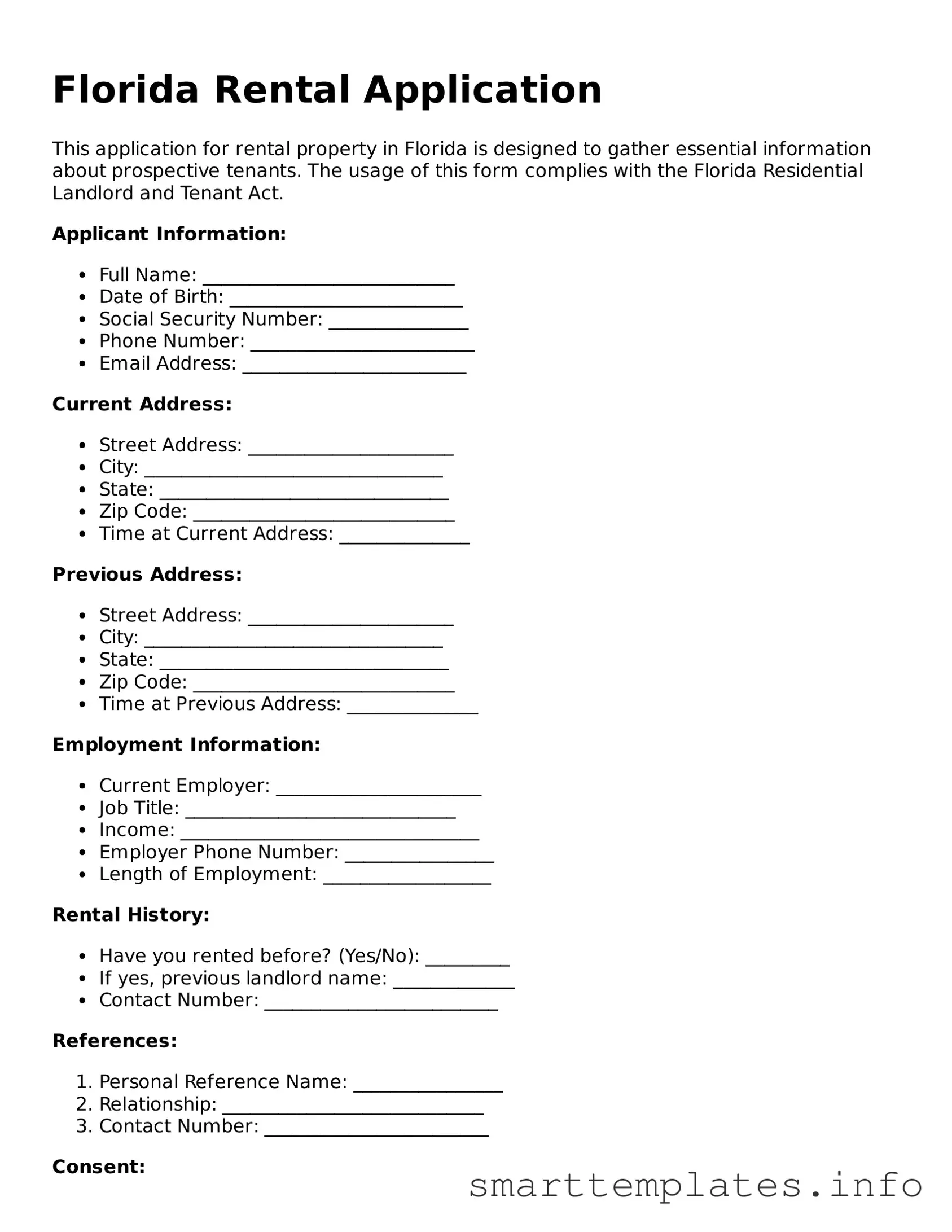 Legal Rental Application Template for Florida State