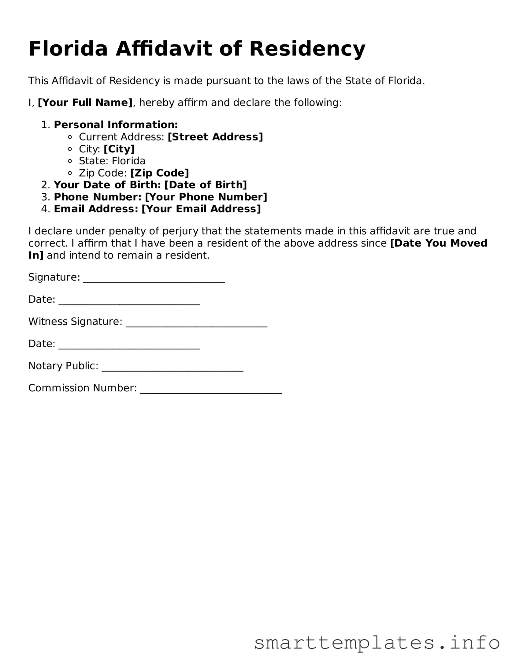 Legal Affidavit of Residency Template for Florida State