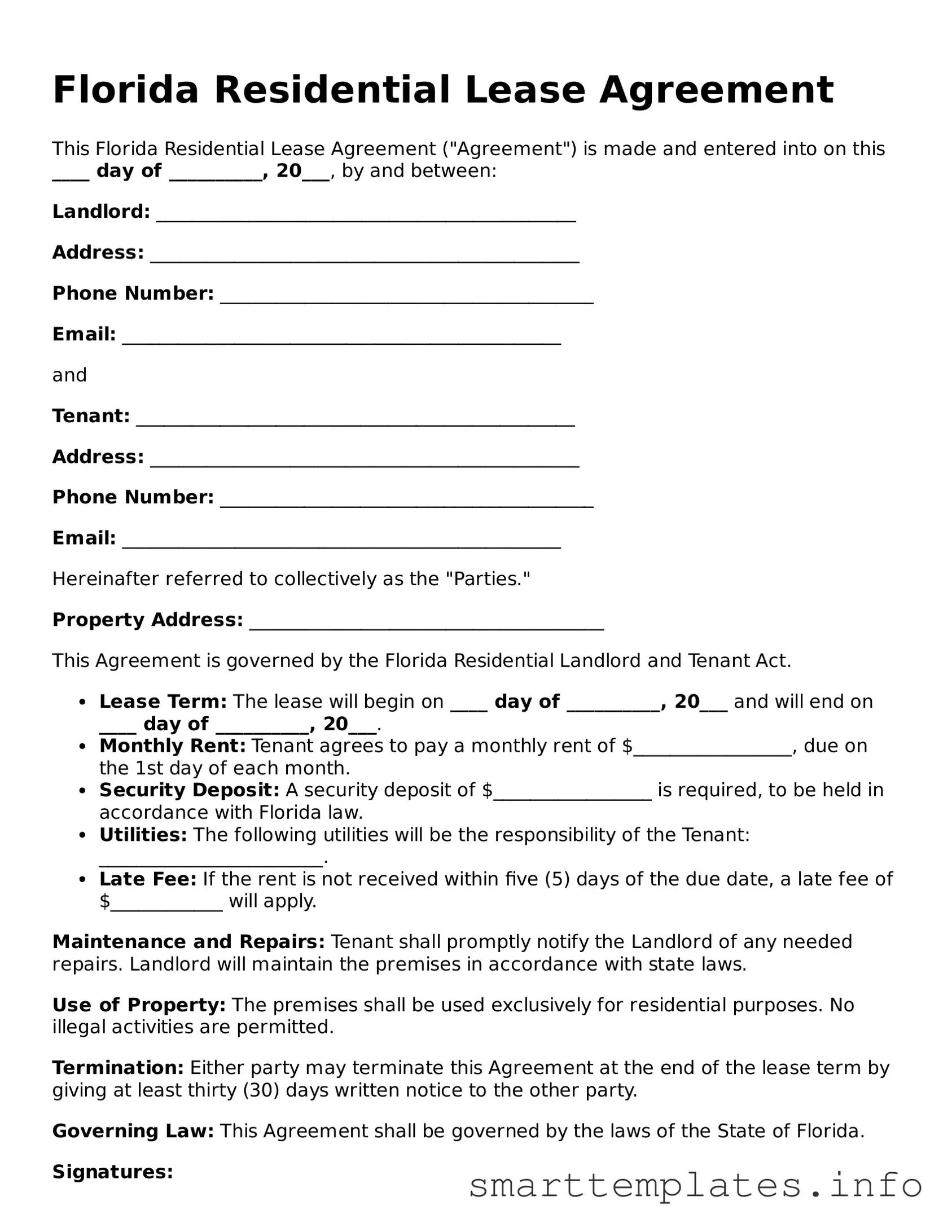 Legal Residential Lease Agreement Template for Florida State