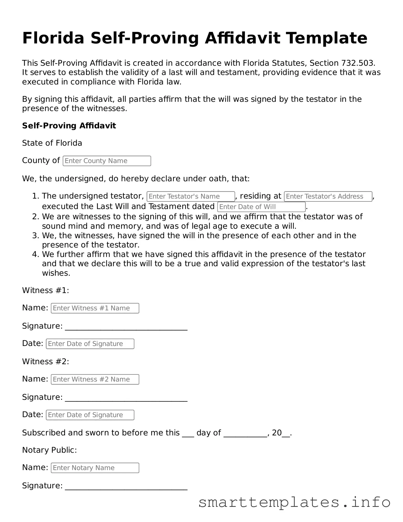Legal Self-Proving Affidavit Template for Florida State