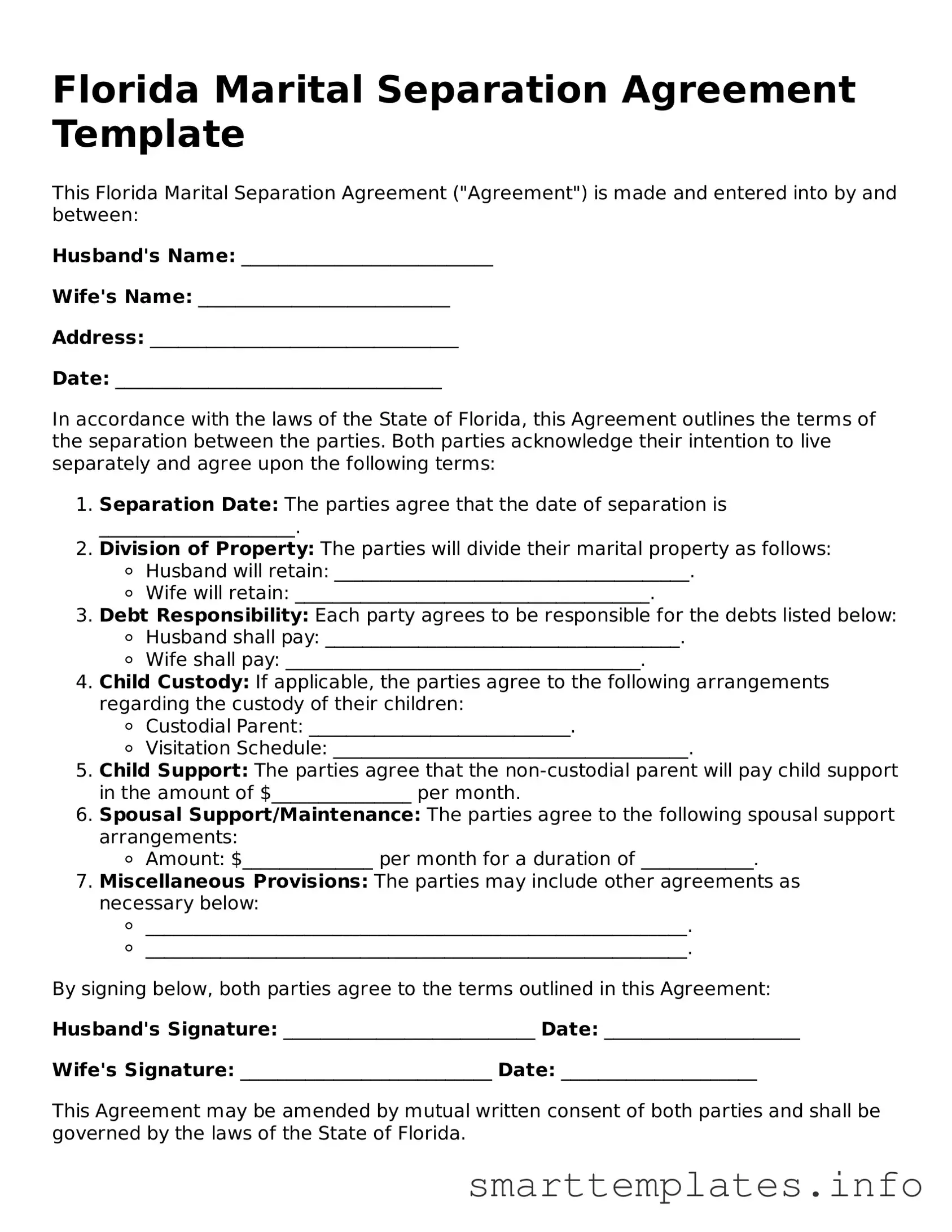 Legal Marital Separation Agreement Template for Florida State