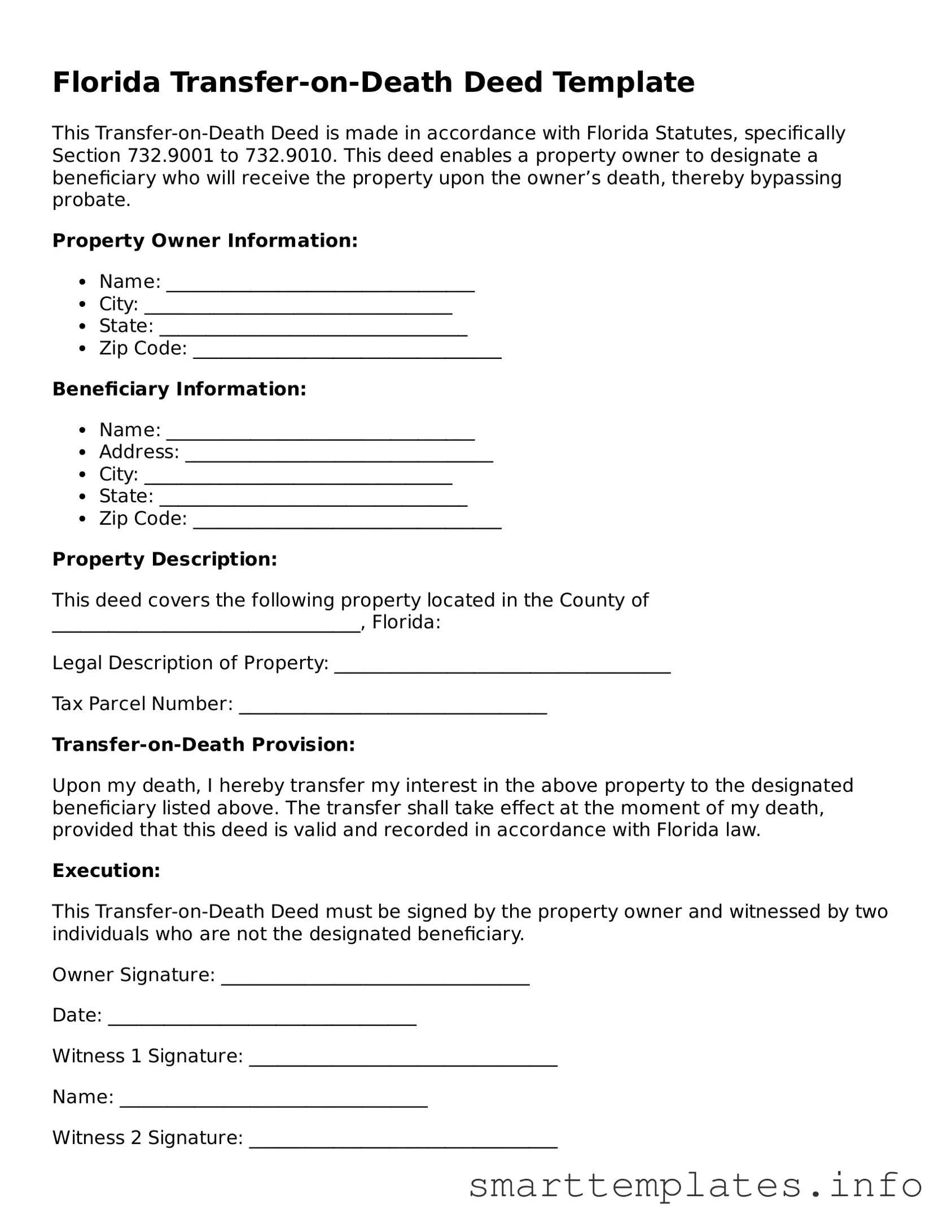 Legal Transfer-on-Death Deed Template for Florida State