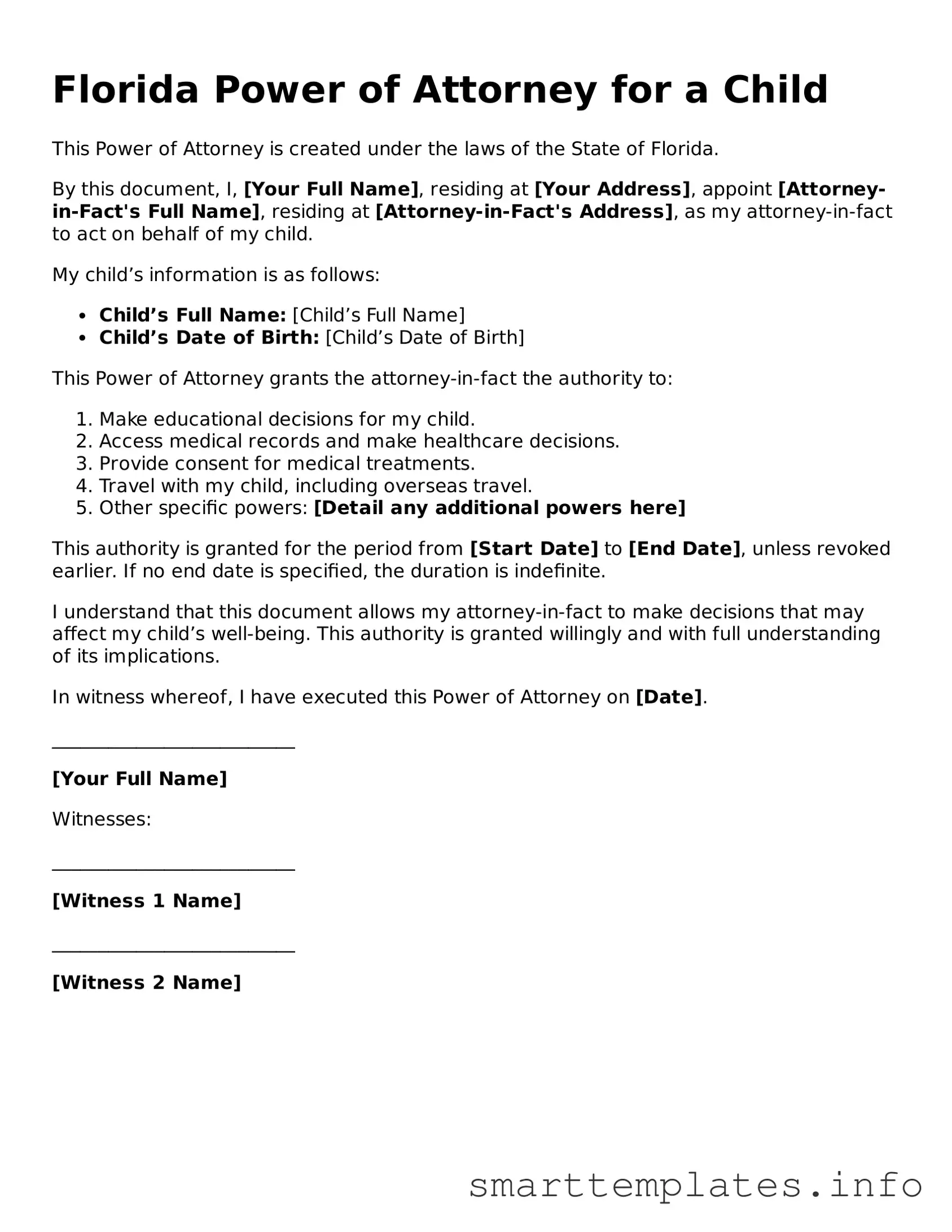 Legal Power of Attorney for a Child Template for Florida State